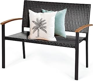 RELAX4LIFE Poly Rattan Gartenbank, 2-Sitzer Parkbank stapelbar, Sitzbank mit Metallrahmen & Armlehnen aus Akazie, Terrasse...