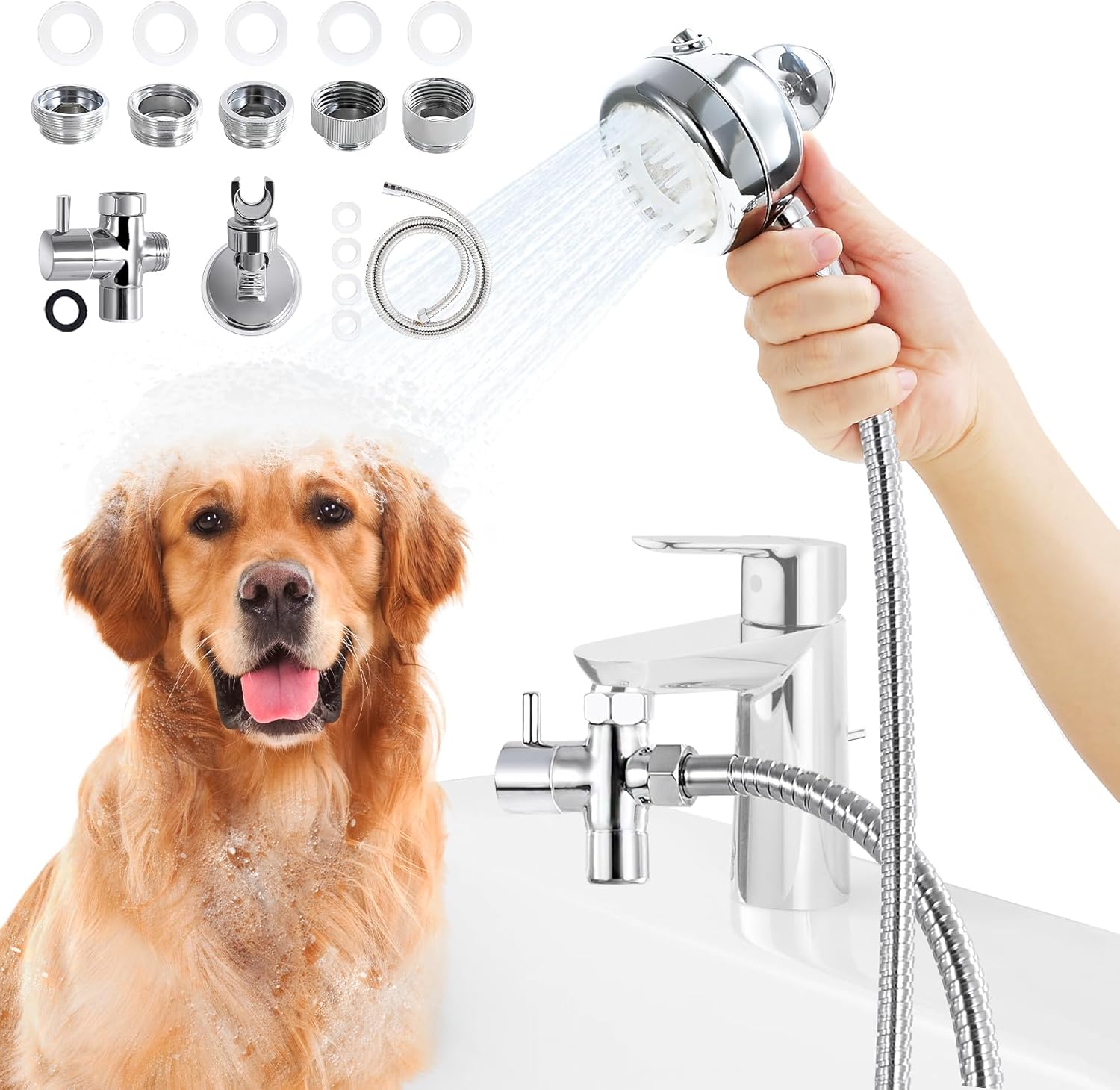 Miracolo Dog Shower Attachment, Washing Tools with Pet Bath Brush Head, Hose