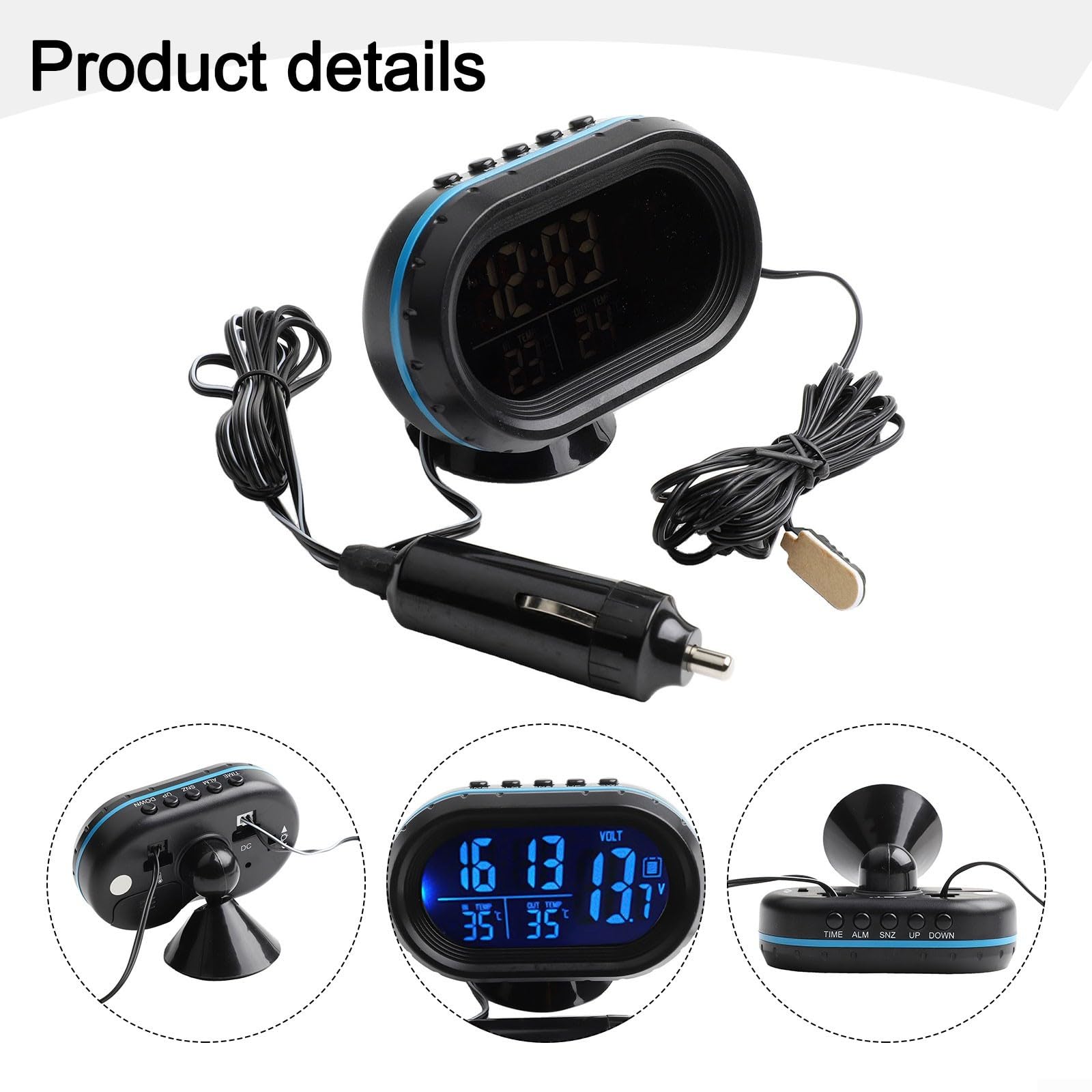 12V Digital Auto Uhr Thermometer Hygrometer Voltmeter mit Temperaturanzeige Innen/Außen, Batteriespannung Überwachungsalarm, Multifunktions Wetterstation für KFZ LKW, Blau/Orange(blue)