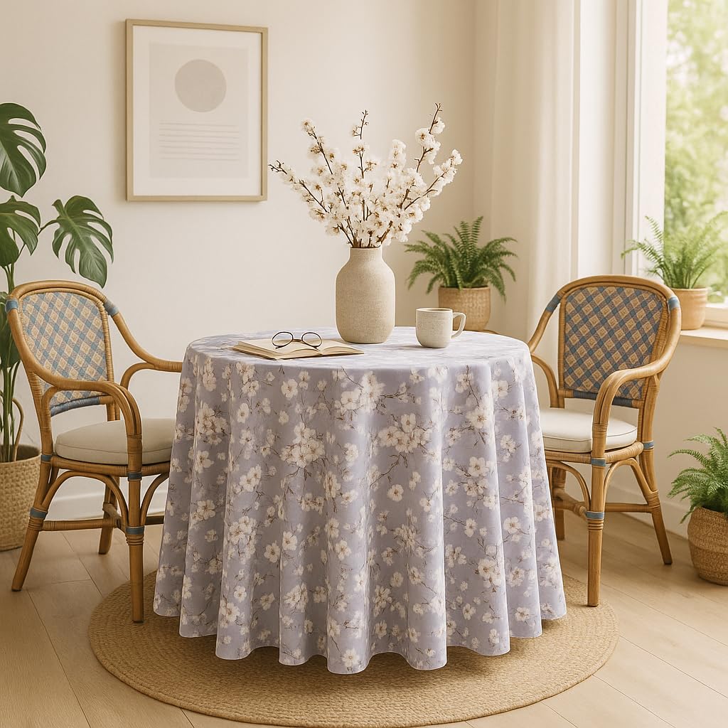 LaFábricadelasTelas - Falda o Ropa de Mesa Camilla Redonda Flores Almendro Beige y Gris. Primavera Verano Loneta Estampada algodón, Faldón Faldilla enagüilla 60-70-80-90-100 (Gris, 100 Redonda)