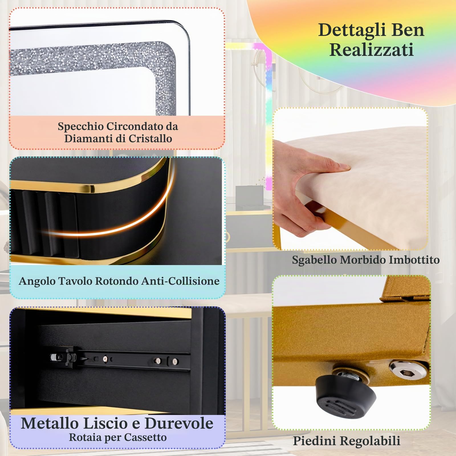 HOMASIS Toeletta Trucco con Luci a Led Colorate Regolabili, Postazione Trucco con Sgabello, Toletta da Trucco con Specchio con Porta USB e 4 Cassetti, 80 x 40 x 137 cm (Nero)