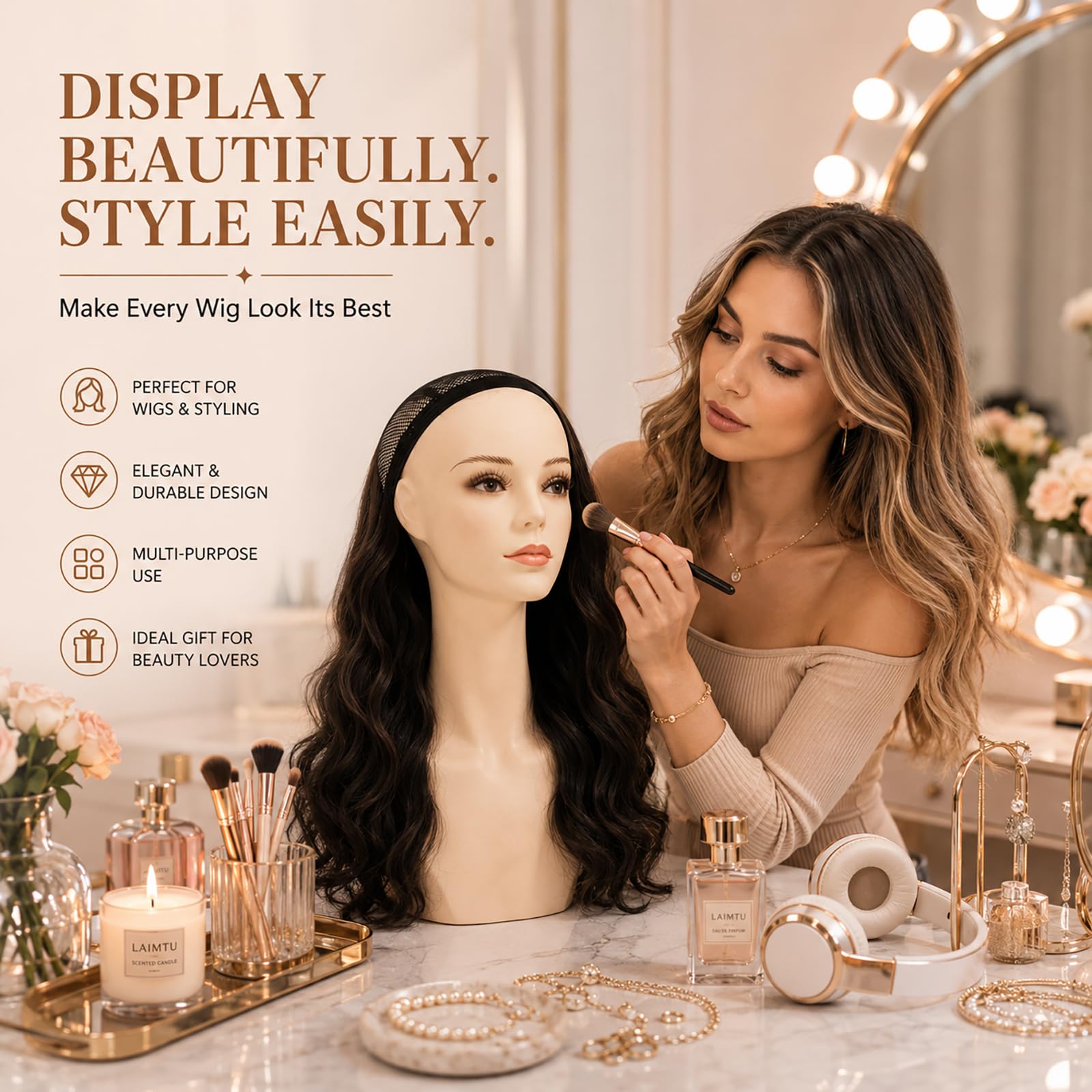 17-Inch Female Mannequin Head Form with Eyelashes, Lips and Tripod Mount