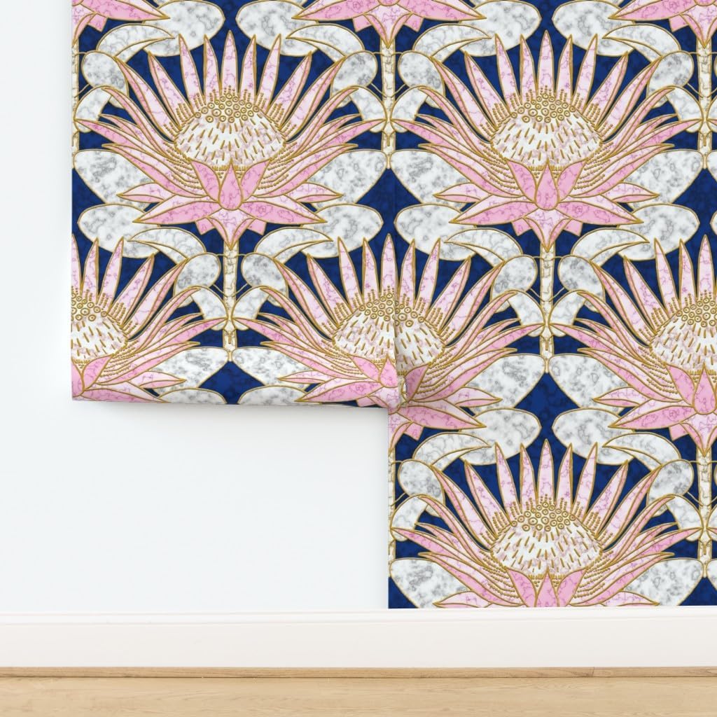 Peel & Stick Wallpaper 6ft x 2ft - Art Deco, Blush, Protea, Glam, Pink, Navy, Gold, Marble Look, 1920S, Hollywood, Blue, Large Scale, Custom Removable Wallpaper by Spoonflower