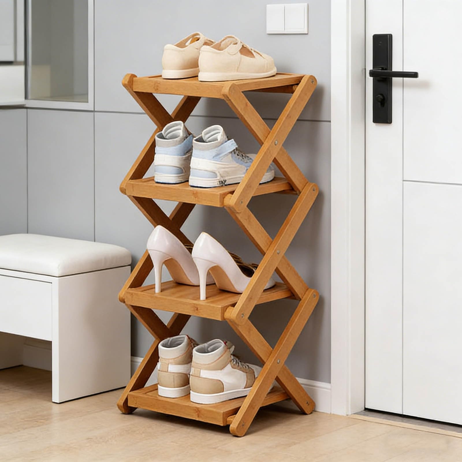 The 9-Tier No-Assembly Bamboo Rack, 2026 Upgraded Foldable 9 Tier Bamboo Corner Shoe Rack, Space-Saving Organizer for Shoes, No Assembly Narrow Shoe Shelf for Entryway Closet Dorm (Khaki-4 Layers)