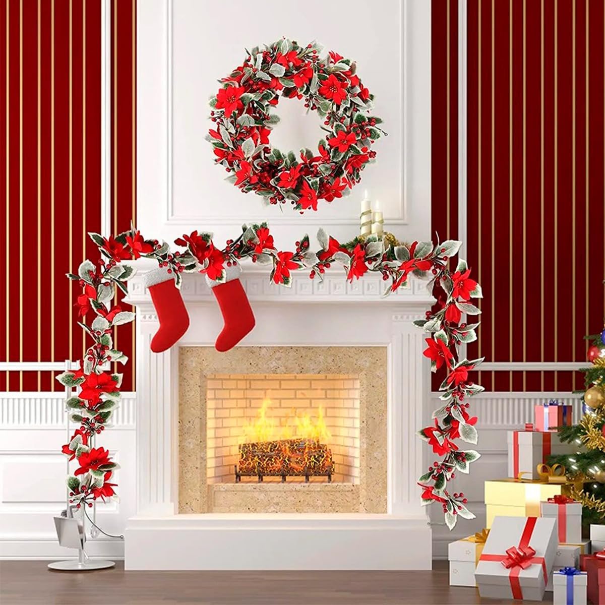 Guirlanda Natalina Artificial com Flores Vermelhas e Folhas Verdes 150cm – Decoração de Natal para Portas, Lareiras, Janelas e Árvores, Enfeite Clássico Festivo Reutilizável Guirlanda Natalina Artificial com Flores Vermelhas e Folhas Verdes 150cm – Decoração de Natal para Portas, Lareiras, Janelas e Árvores, Enfeite Clássico Festivo Reutilizável
