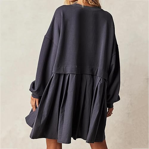 Miniatura 6 de Vestido de sudadera de gran tamaño para mujer, cuello redondo, manga larga, retazos, sudadera holgada y fluida, mini vestido