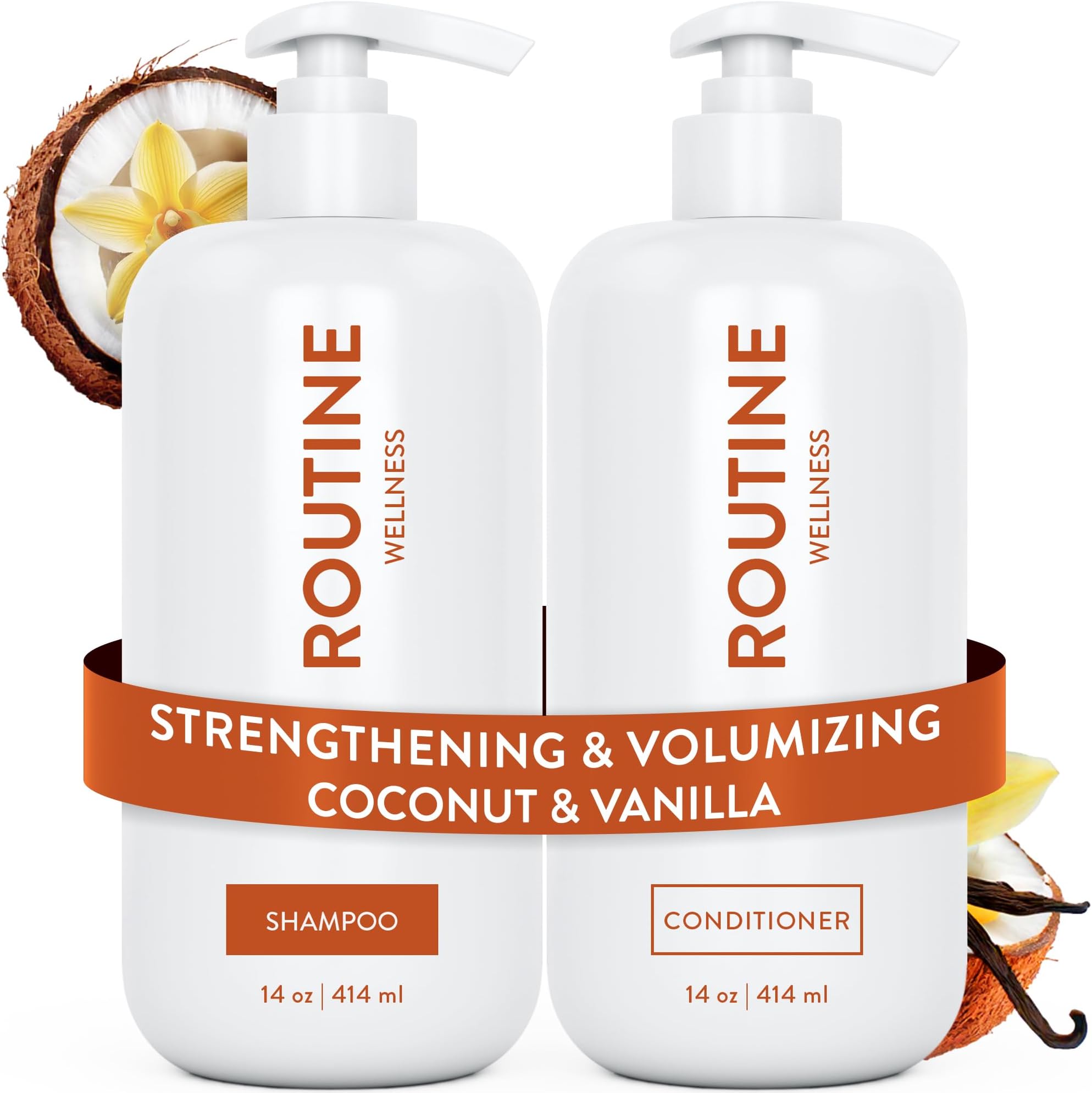 Routine Wellness Shampoo & Conditioner Set - Strengthening & Volumizing for Thinning Hair - Promotes Full, Voluminous, Healthy Hair - Coconut & Vanilla (Pack of 2)