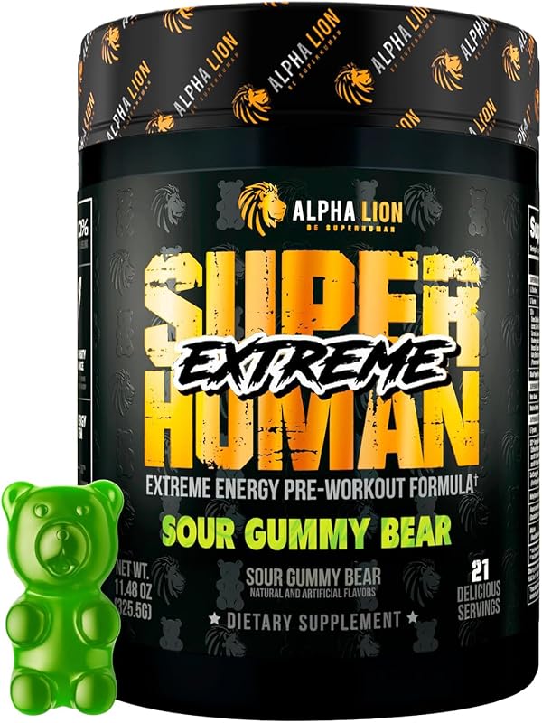 ALPHA LION Superhuman Extreme High Stim Pre entrenamiento en polvo, beta alanina, L-taurina y 356 mg de cafeína de tres fuentes para energía sostenida, óxido nítrico y citrulina para bomba (21 porciones, osito de goma agria)