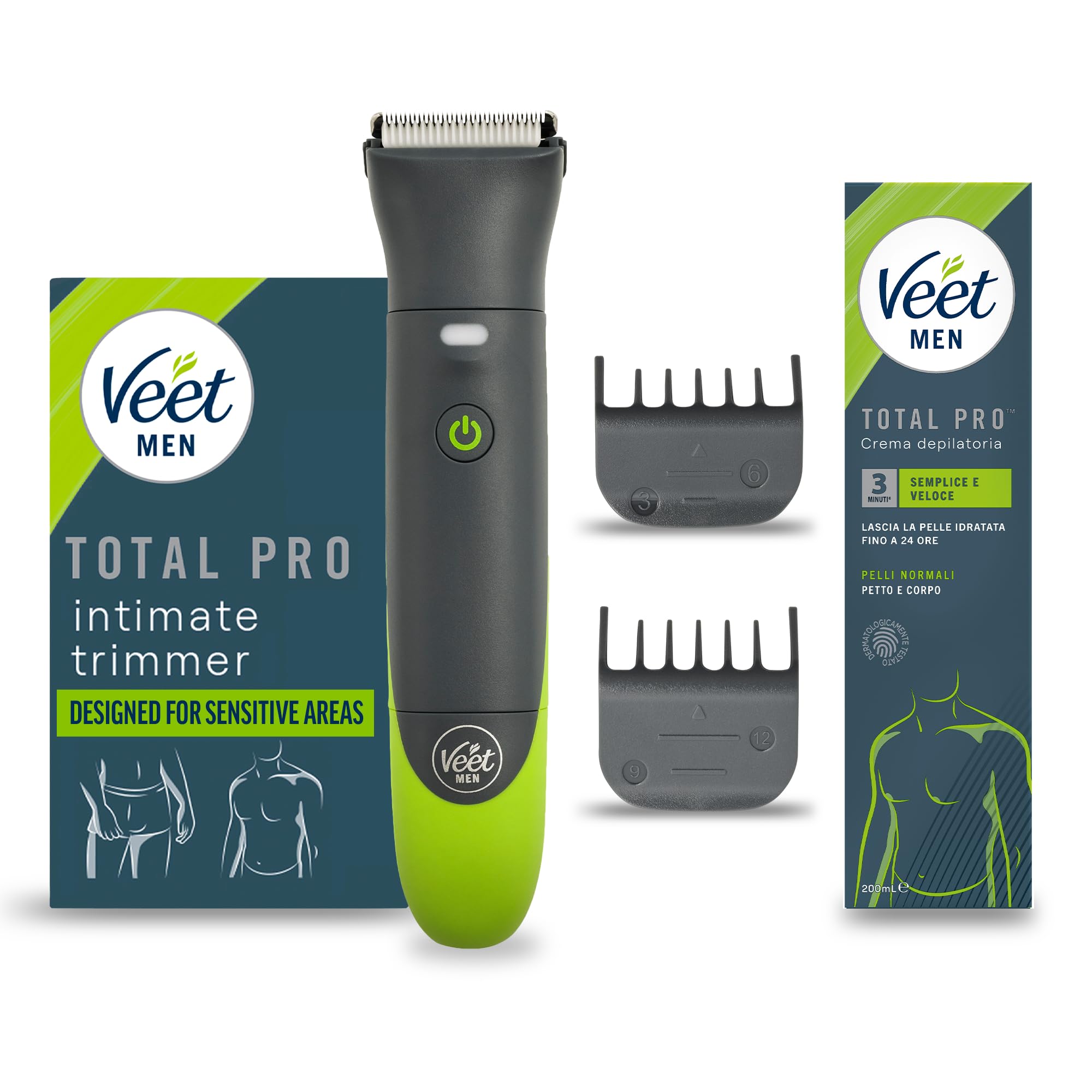 Veet Men Intimate Trimmer TOTAL PROTM, Rasoio elettrico uomo corpo e parti intime, 1 testina per zona intima e corpo e 2 pettini guida, Rifinitura precisa, Cordless + Crema 200 ml Pelli Normali