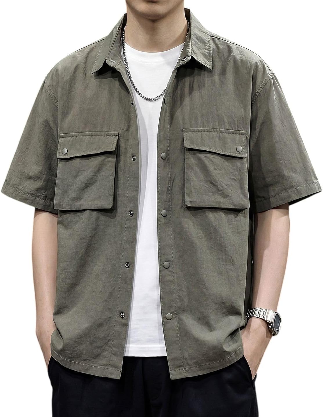 Men's American Vintage Solid Color Short Sleeve Work Shirt Button Down Multi Pocket Relaxed Fit