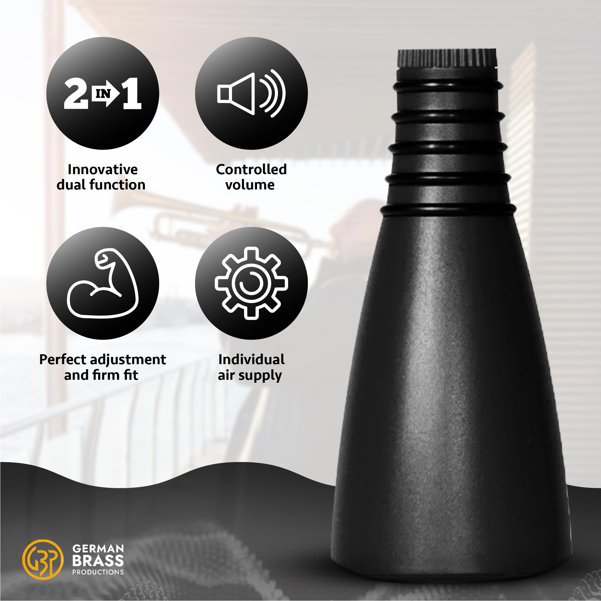 GERMAN BRASS PRODUCTIONS trumpet mute | silencer with dual function as practice and mouthpiece mute for trumpet | adaptable for all trumpets | trumpet accessories made in Germany | Black