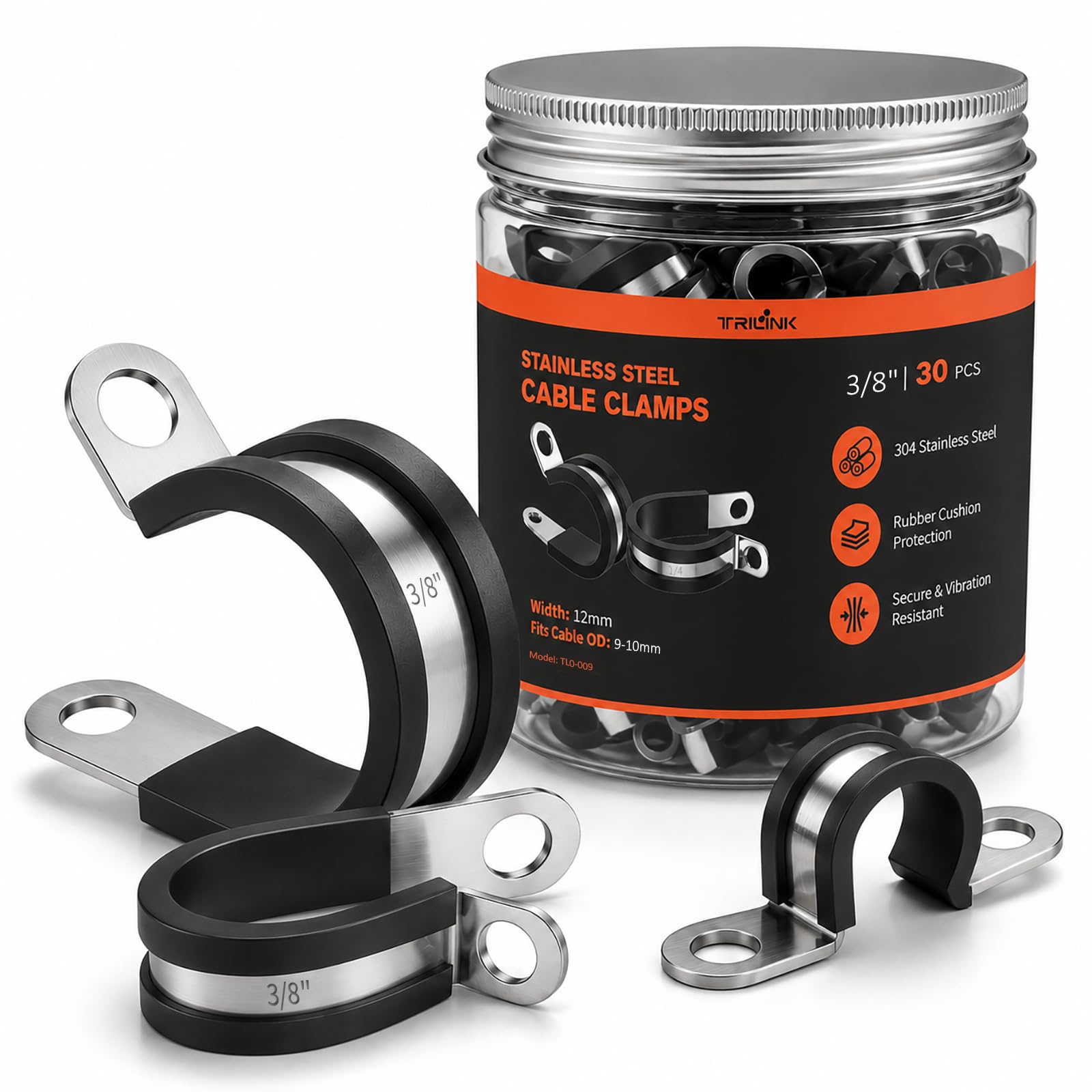 10MM Cable Clamps, 30PCS 3/8" 304 Stainless Steel P (Adel) Clamps, Rubber Cushioned Hose Routing Clamps, Anti-Vibration Rubber Insulated Clamps for Automotive, RV, Garage & Workshop Wiring