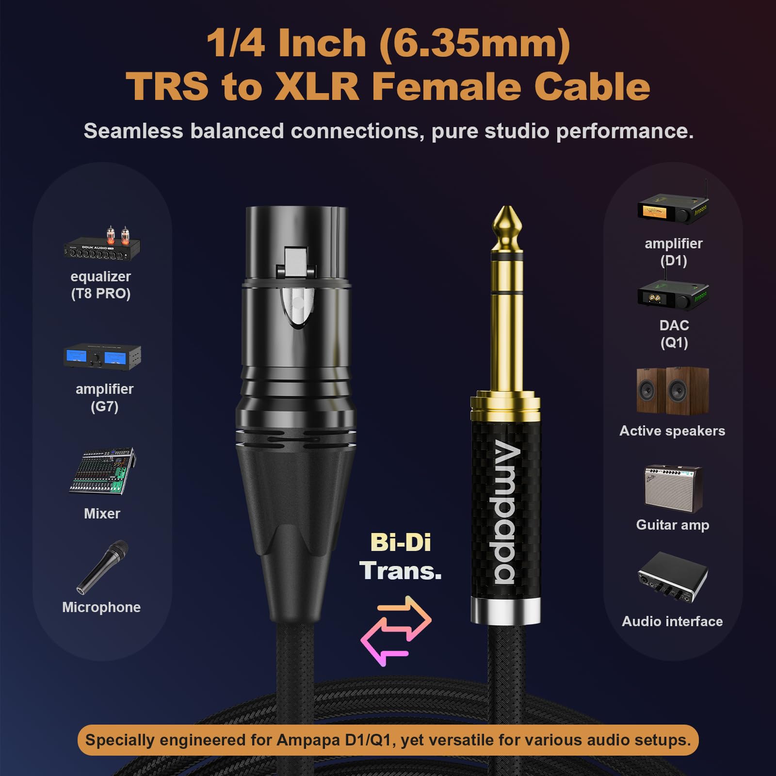 Câble symétrique TRS vers XLR femelle 1/4" OFC plaqué or XLR vers 6,35 mm