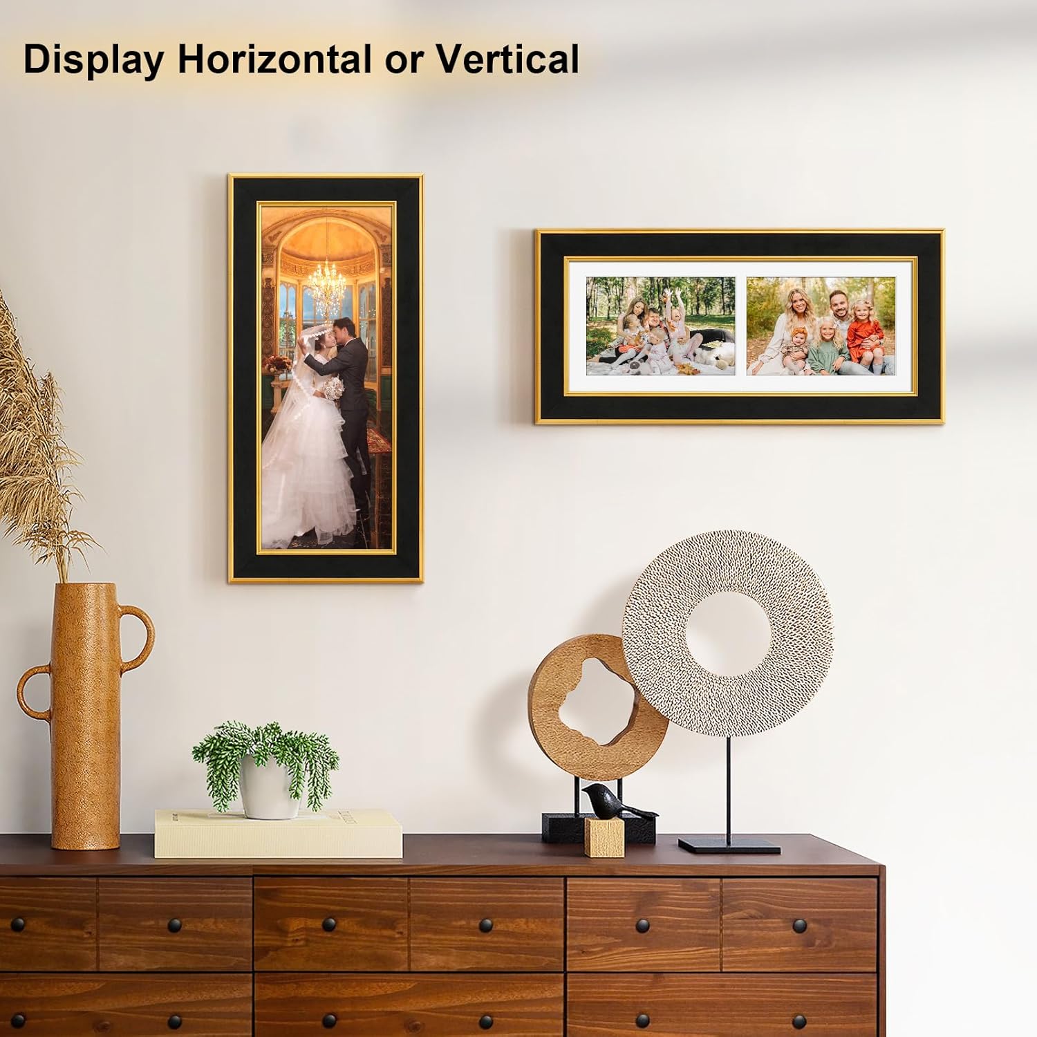 Suede 6x15 Picture Frame Display 2 Opening 5x7 Double Picture Frames Collage Wall Decor with Mat,Multi Photo Frame for Plexiglass,Wall Decor,1Pack,Black