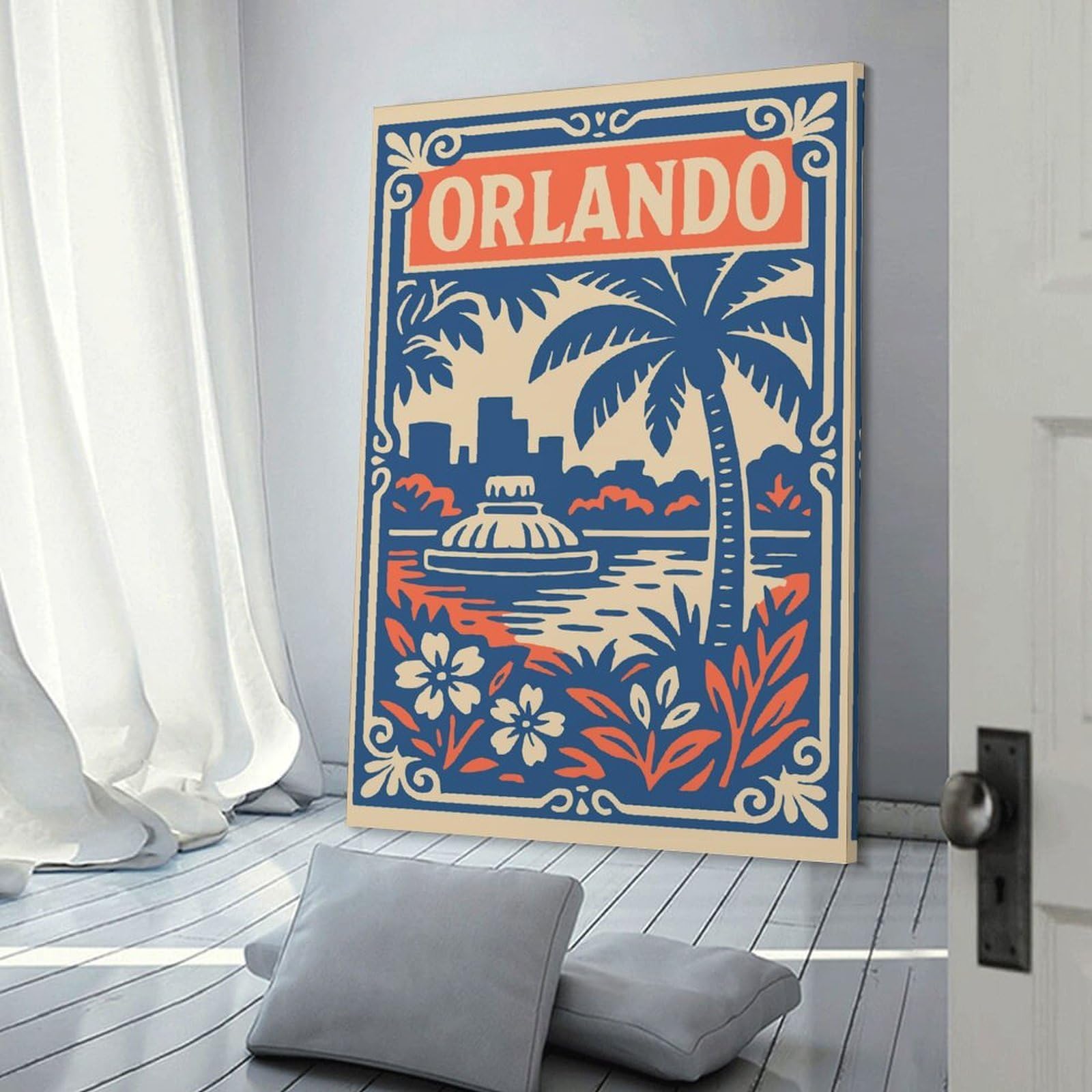 Junmoney Orlando Cityscape with Palm Tree Canvas Wall Art 20x30inch(50x75cm), for Home Lounge, Bedroom Or Reading Nook, Eye Catching Artwork for Blank Walls