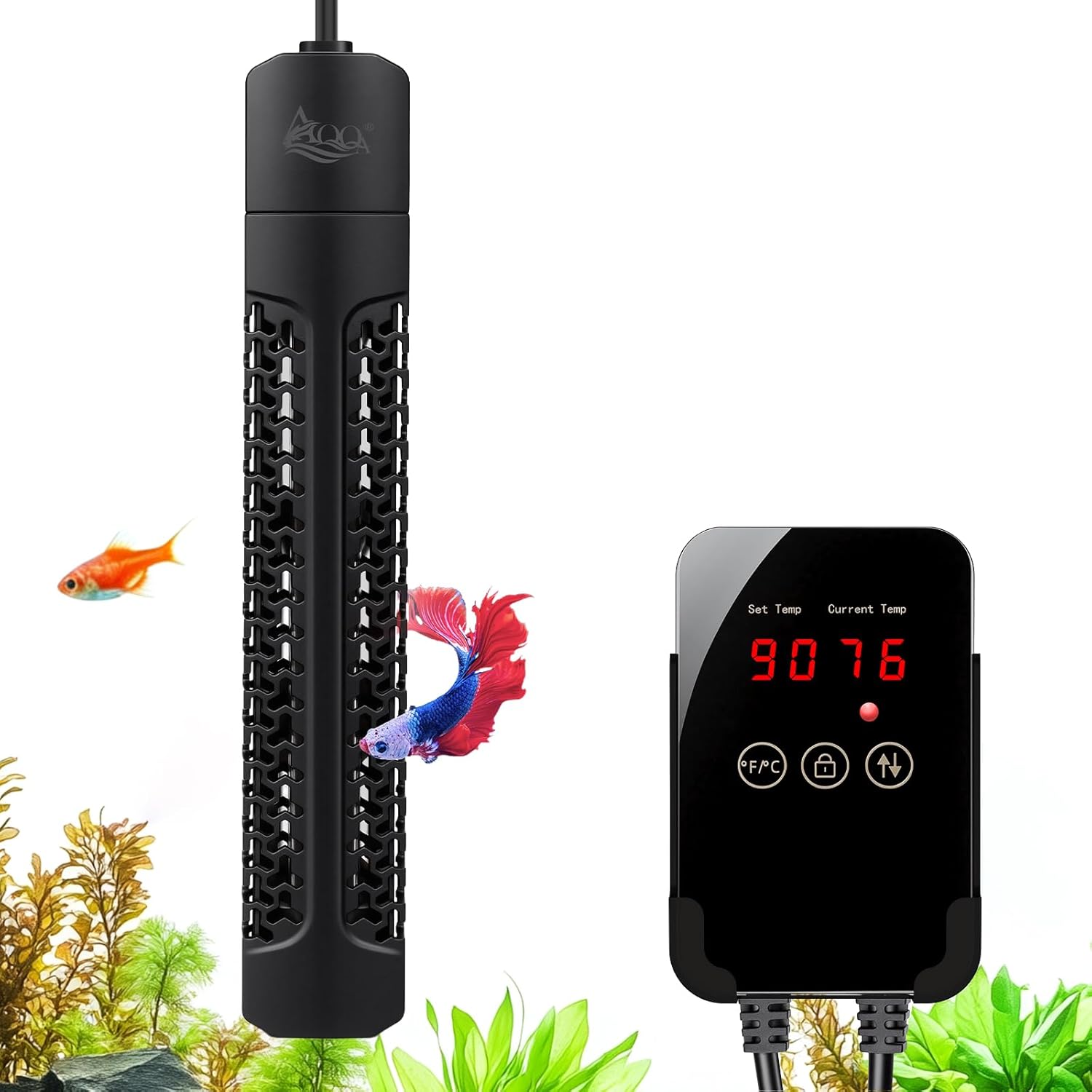 AQQA Aquarium Heater 300W Submersible Betta Fish Tank Heater with External Controller Intelligent Overheat & Dry-Run Protection & Memory Function Adjustable Temp Range 59-94℉(300W for 30-80 Gallon)