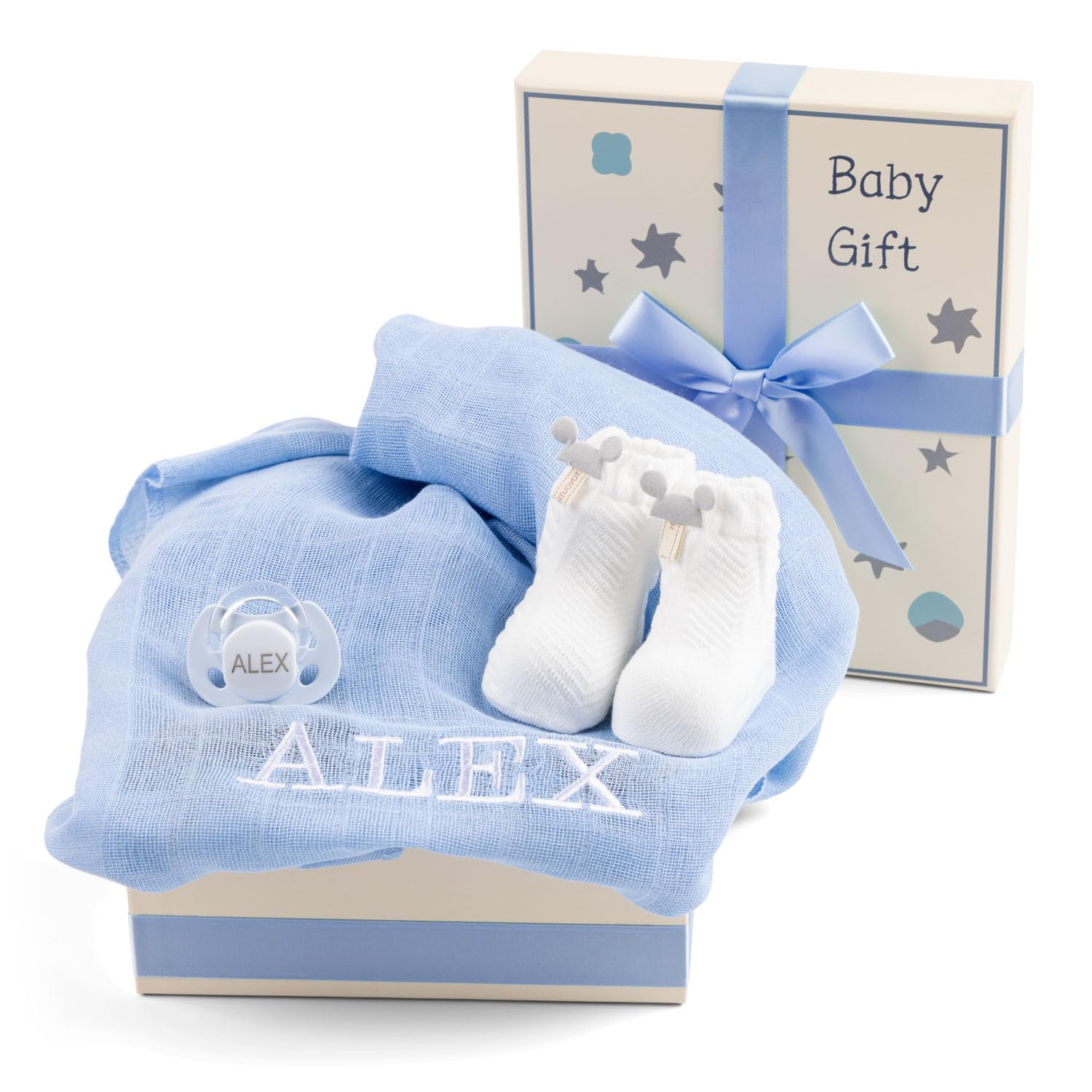 Regalo Bebé Recién Nacido Niño y Niña Con Muselina Bordada | Chupete y Calcetines | Canastilla Ideal Para Un Regalo Suave | Cesta Personalizada (Azul) | BebeDeParis