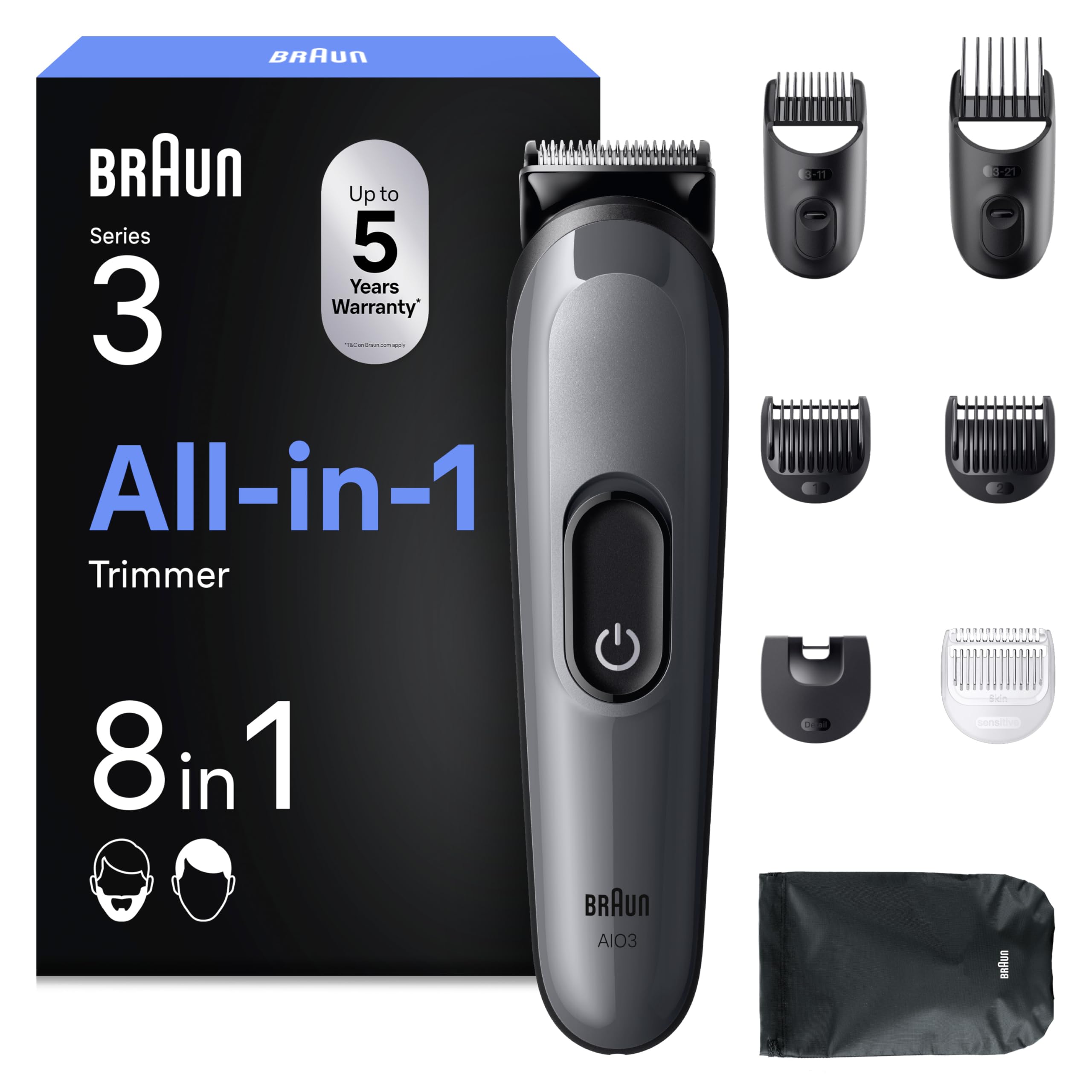 Braun All-in-One Trimmer-Set 3, 8-in-1 Multigroom (AIO3540) – Haarschneidemaschine für Gesicht, Kopf und Körper