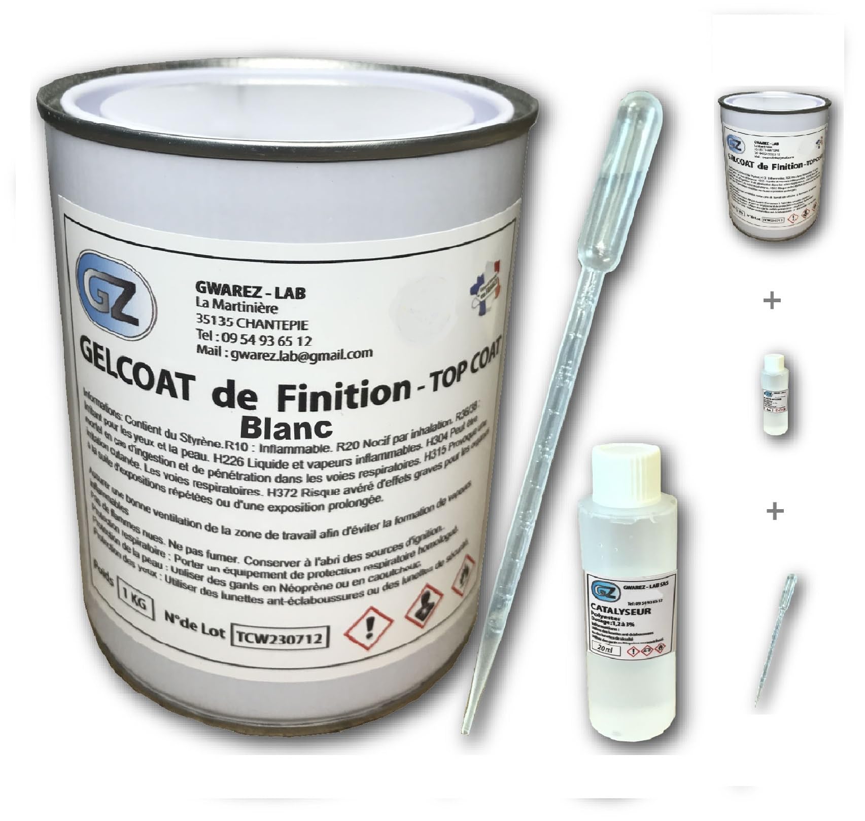 Gelcoat Blanc 1 Kg Gel coat bateau pour Fibre de verre + catalyseur + Pipette de dosage