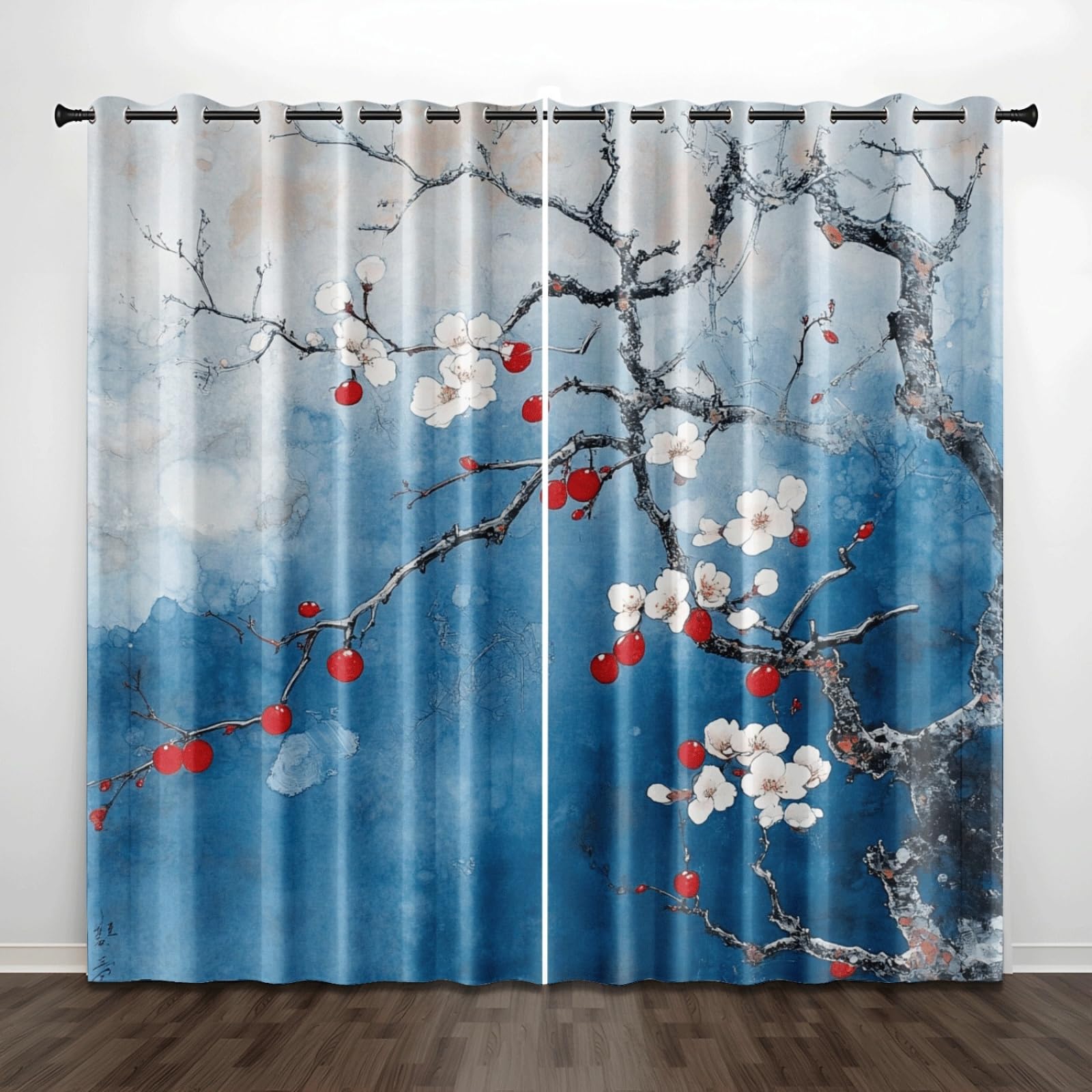 Curtain Blauer Baum Rot Gardinen Polyester Vorhang mit Ösen Blackout Curtain Waschbar Vorhänge mit Ösen Living Room Thermovorhang Schlafzimmer Verdunklungsvorhänge Blickdicht 2x140x160cm