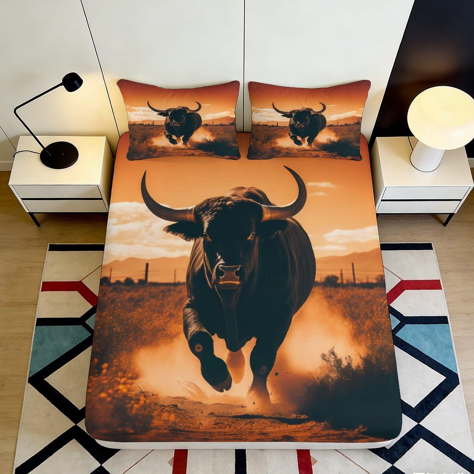 3D Printed Running Bull Fitted Sheet Microfiber Anti-Slip Bed Sheet for Bedroom Decor Dustproof Easy Care 90x200x25cm