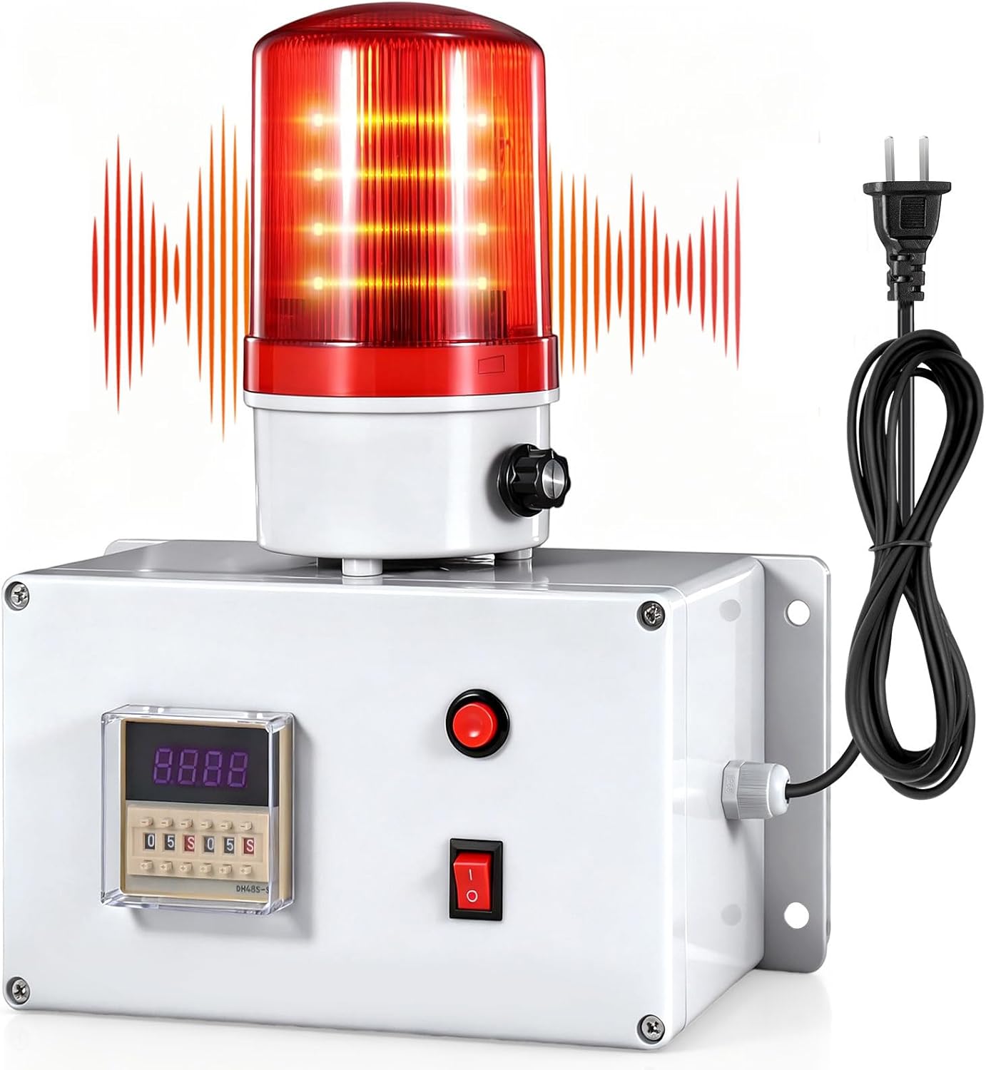 Industrial Cycle Timer Siren Alarm 5-115dB Adjustable, Auto-Repeat Timing Alarm with Flashing Light for Industrial Safety, Facility Reminders, Workshops, Laboratories, (AC110V)
