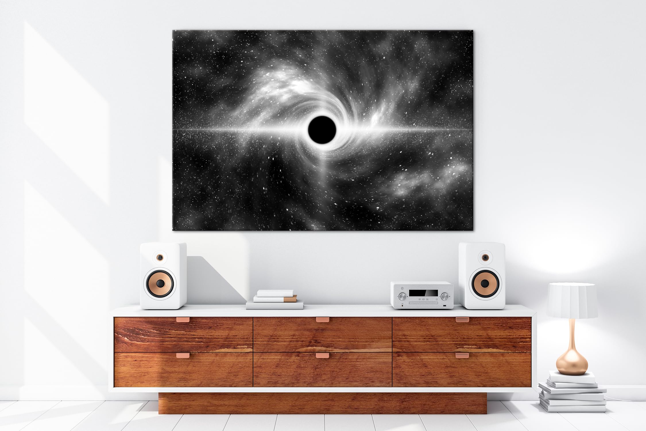 deyoli Ilustración de un agujero negro. Formato: 90 x 60 cm. Efecto: negro/blanco como lienzo, diseño listo enmarcado en marco de madera auténtica, impresión digital de alta calidad con marco