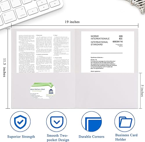 Miniatura 2 de Paquete de 25 carpetas de archivos de dos bolsillos con ranura para tarjetas de visita, papel texturizado, tamaño carta, capacidad para 100 hojas