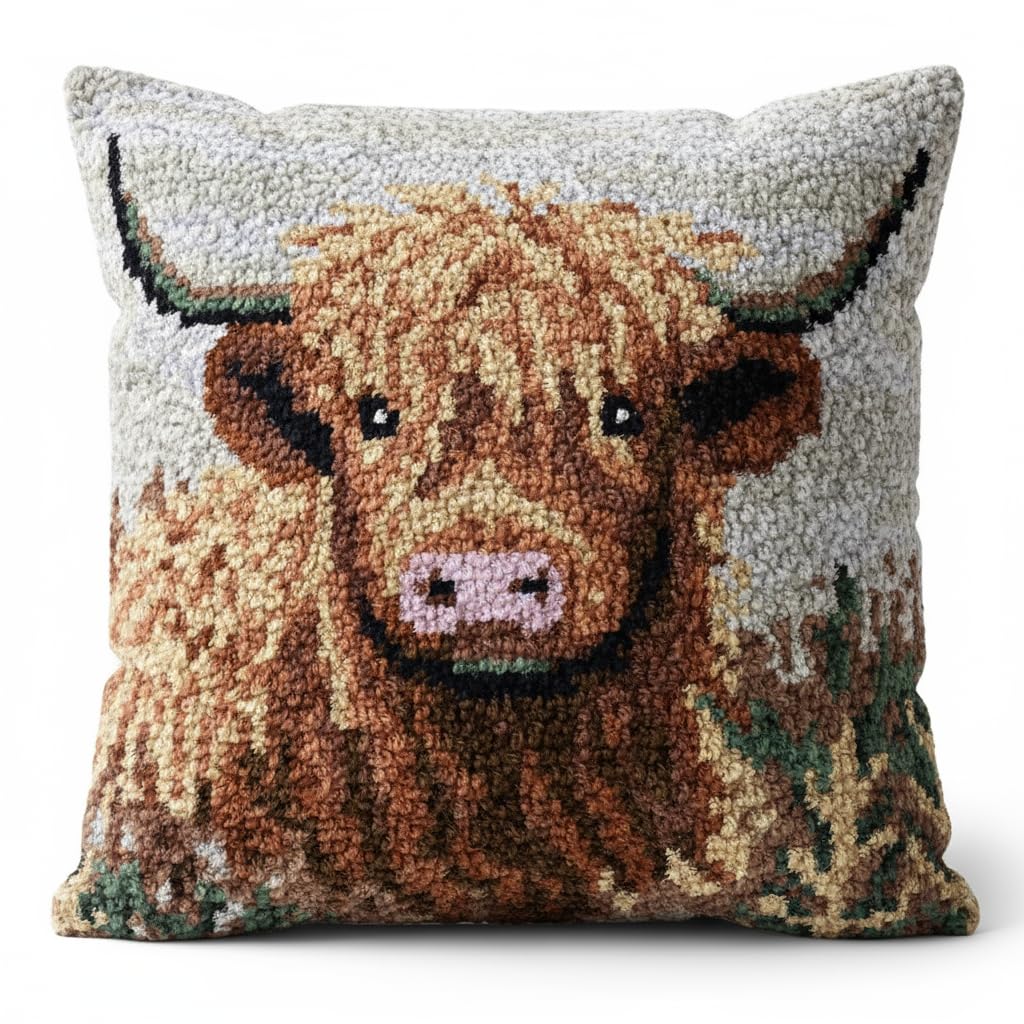 CCWROAN Highland Cow Cushion Covers Craft Kits Animal Latch Hook Kits for Adults Beginners Kids Making Crochet Pre Printed Canvas Wool Yarn Hobbies DIY Sofa Home Decor Women Gift 6