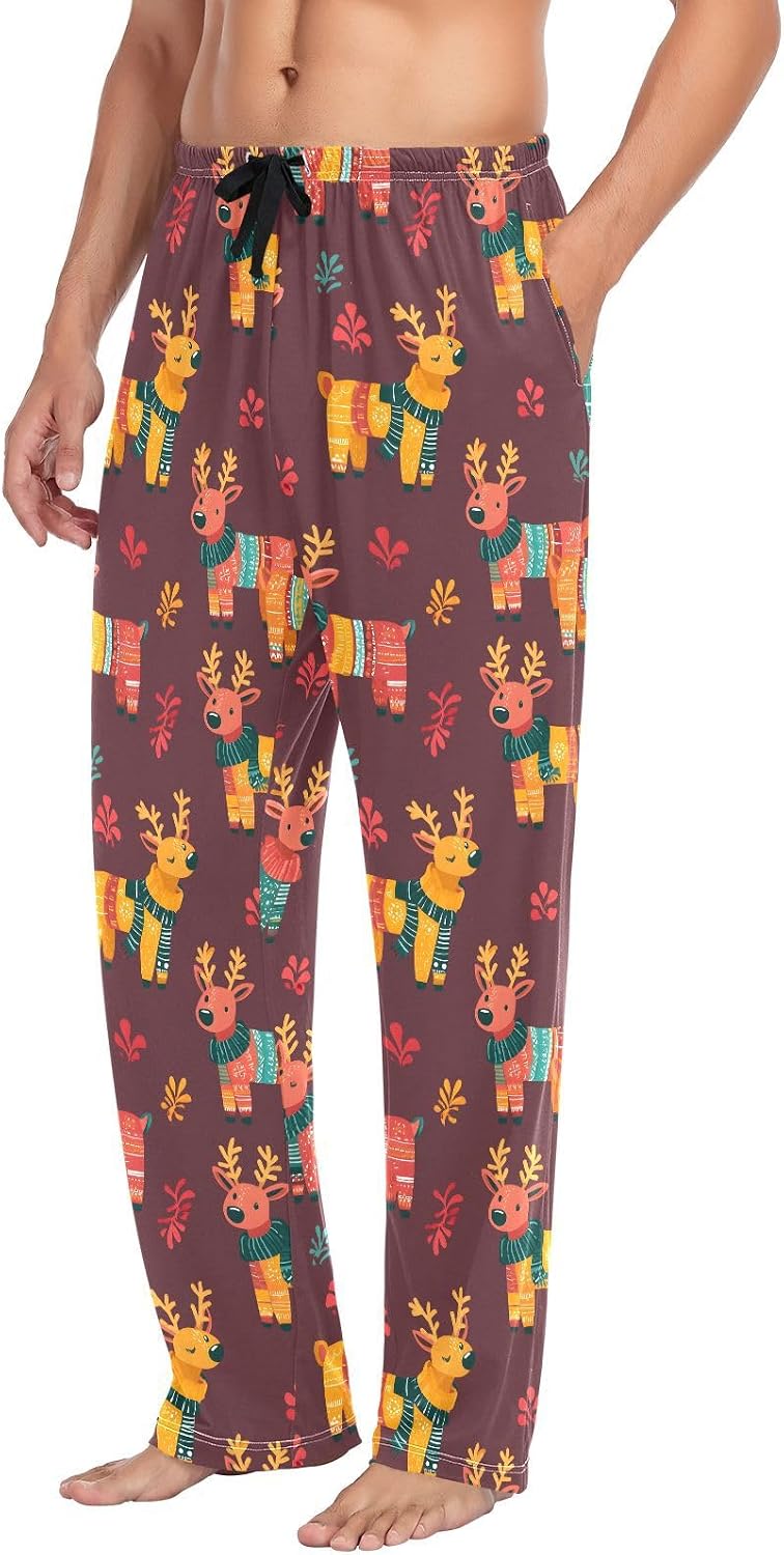 Men's Breathable Cotton Pajama Pant with Pockets, Deer Sweater Pattern Pajama Bottoms for Men, Sleepwear S