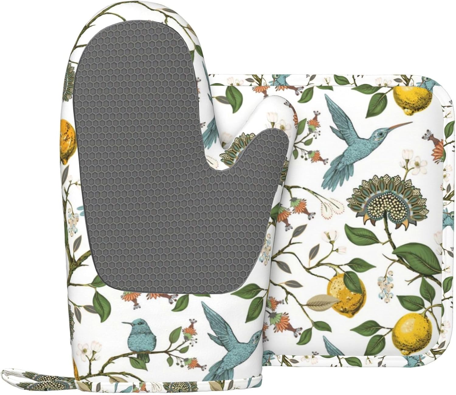 Hummingbird Lemon Flowers Oven Mitts and Pot Holders Sets, Home Silicone Heat Resistant BBQ Gloves for Kitchen Baking Cooking Grilling Microwave