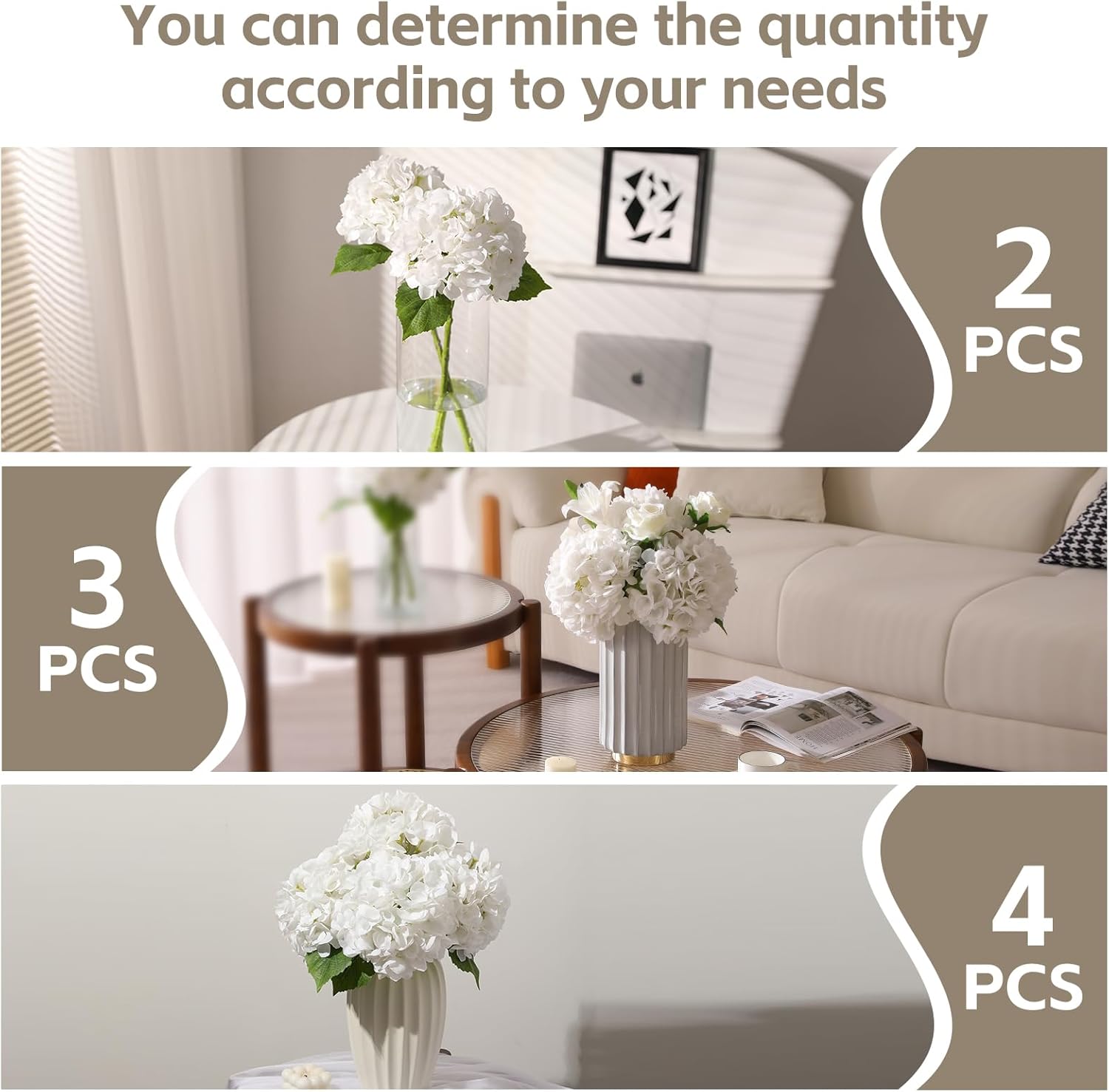 Nubry 3Pcs White Hydrangea Artificial Flowers, 22.5In Latex Faux Real Touch Large Hydrangea Flowers with Long Stems & Leaves for Home Office Decor Wedding Party Arrangements(White) - Image 7