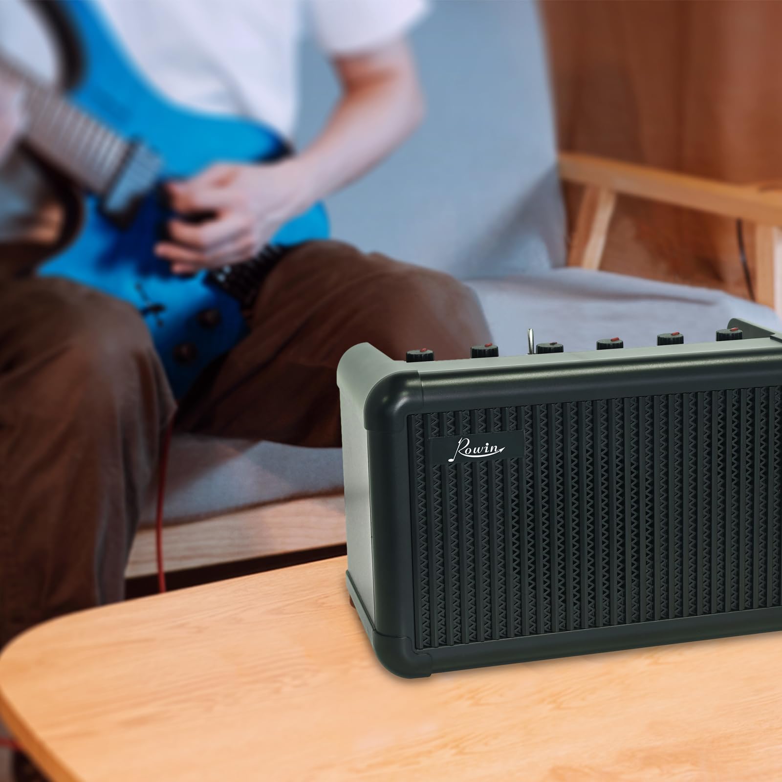 Ampli de Guitare électrique 15 W Haut-Parleur BT sans Fil Ampli de Guitare Acoustique avec Fonction de réglage 8 Effets sonores Batterie Rechargeable 2200 mAh pour l'enregistrement de Pratique