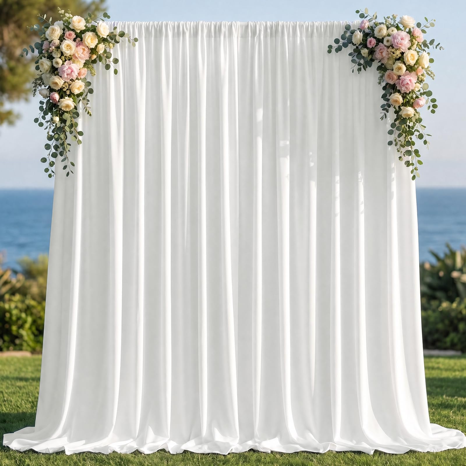 Joydeco 10x10ft White Backdrop Curtain for Parties, Wrinkle Free White Curtains Photo Backdrop for Wedding Decor, Birthday Party Graduation Baby Shower Photography(5ft x 10ft, 2 Panels)