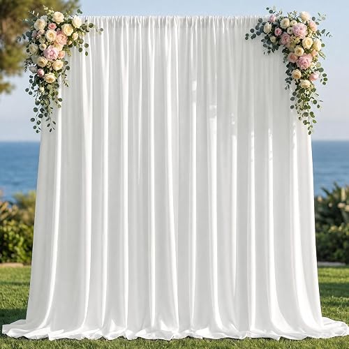 Joydeco 10x10ft White Backdrop Curtain for Parties, Wrinkle Free White Curtains Photo Backdrop for Wedding Decor, Birthday Party Graduation Baby Shower Photography(5ft x 10ft, 2 Panels)