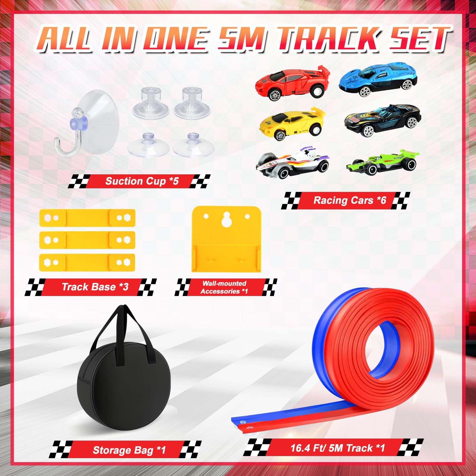 KISPATTI Car Track 5M, Double Lane Flexible Toy Car Speed Race Track Includes 6 Cars & Storage Bag - Image 2