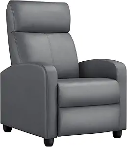 Yaheetech Recliner Chair PU Leather Recliner Sofa Home Theater Seating with Lumbar Support Overstuffed High-Density Sponge Push Silver Gray Recliners