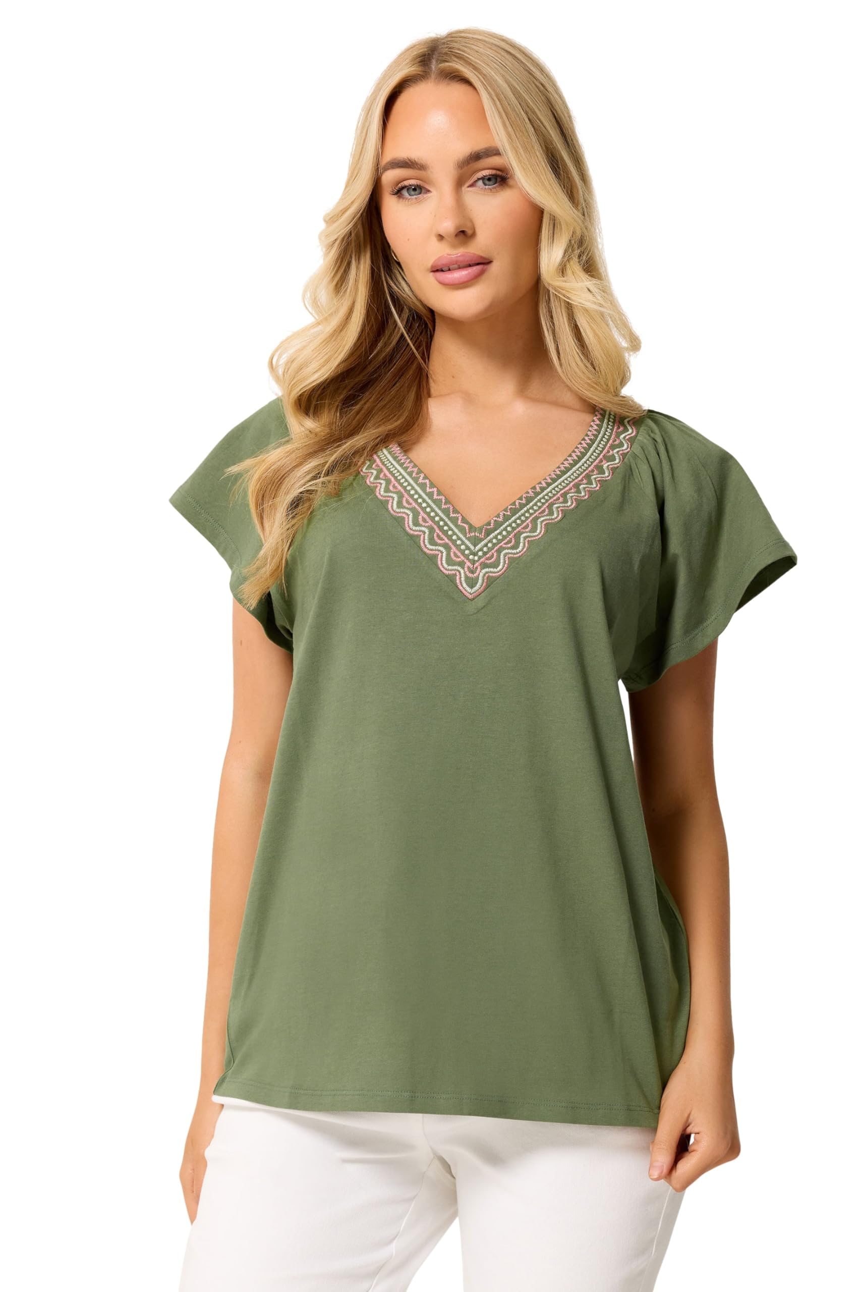 M&Co Women's Cotton V Neck T-Shirt - Olive - Size 16