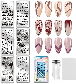 PH PandaHall 6pcs French Line Nail Stamping Plate, Wave Stripe Nail Art Templates French Tip Nails Image Plates Geometric Textures Nails Stamper for Women Print Manicures Salon Design Supplies