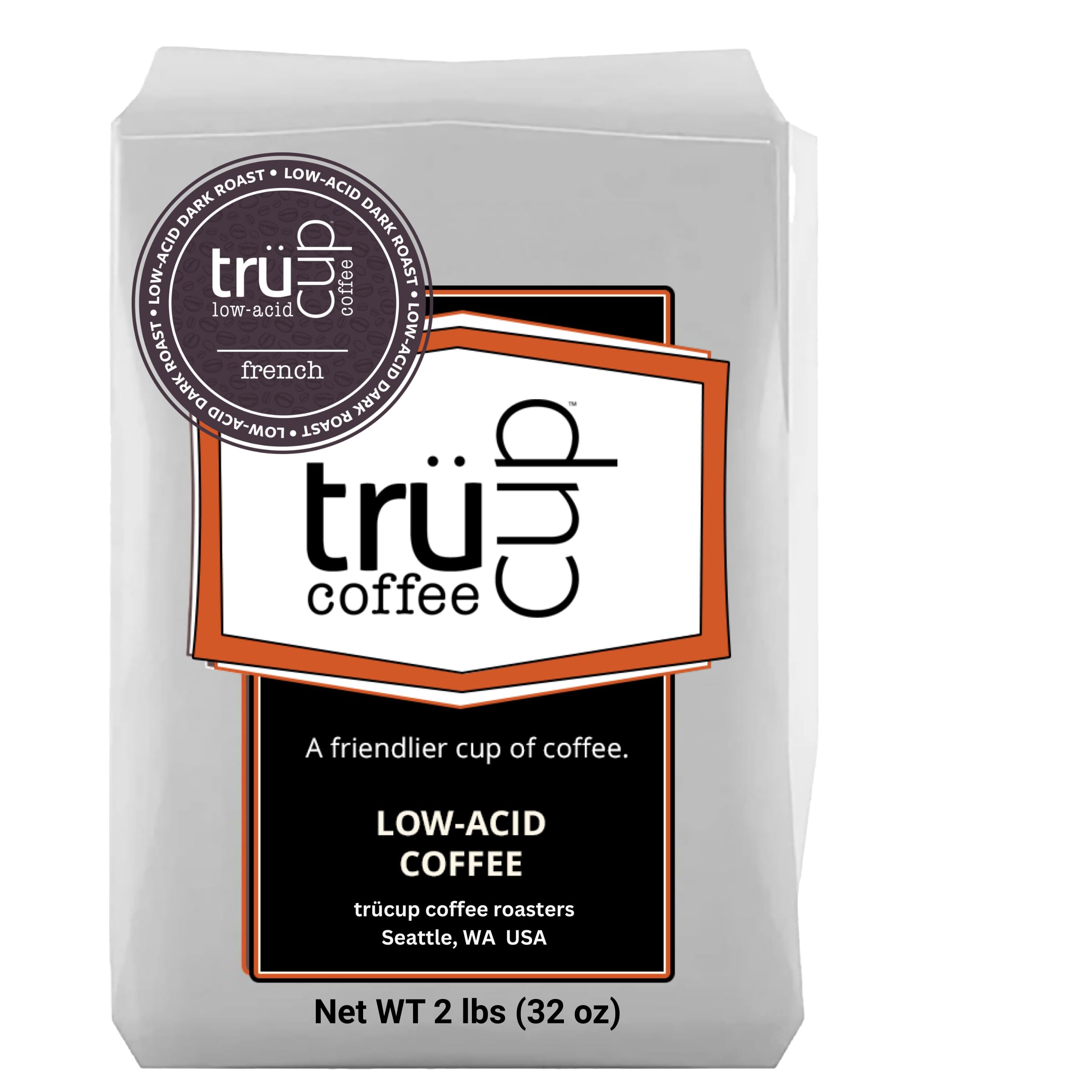 trücup Low Acid Coffee, French Roast Coffee Ground - Coarse Ground 2 LB, Natural Water&Steam Process 60% Less Acid, Stomach-Friendly Rich in Antioxidants