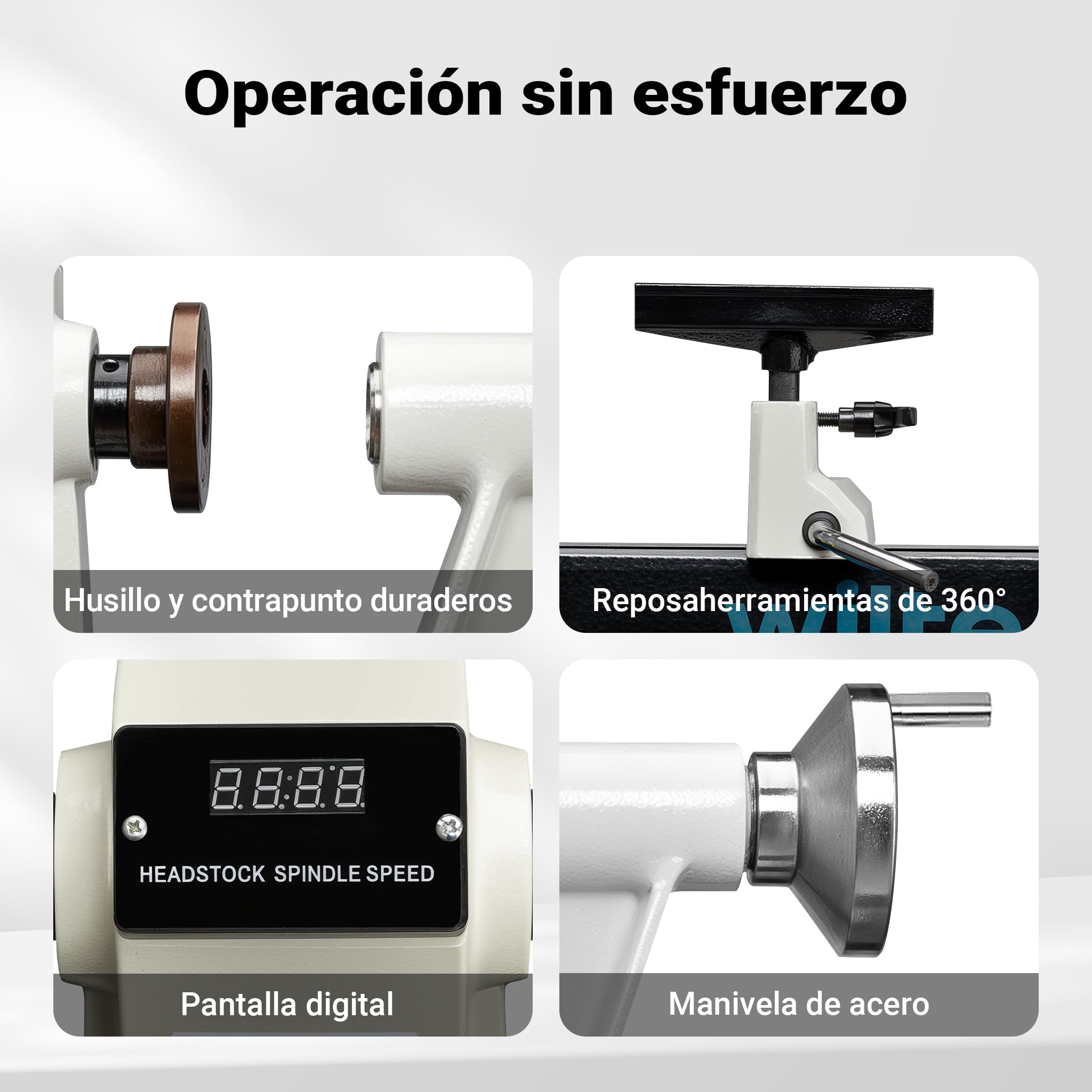 Wiltec Torno de madera 550 W velocidad variable 650-3800 rpm, máquina para madera con placa frontal, herramienta para tornear madera hasta 457 mm de largo