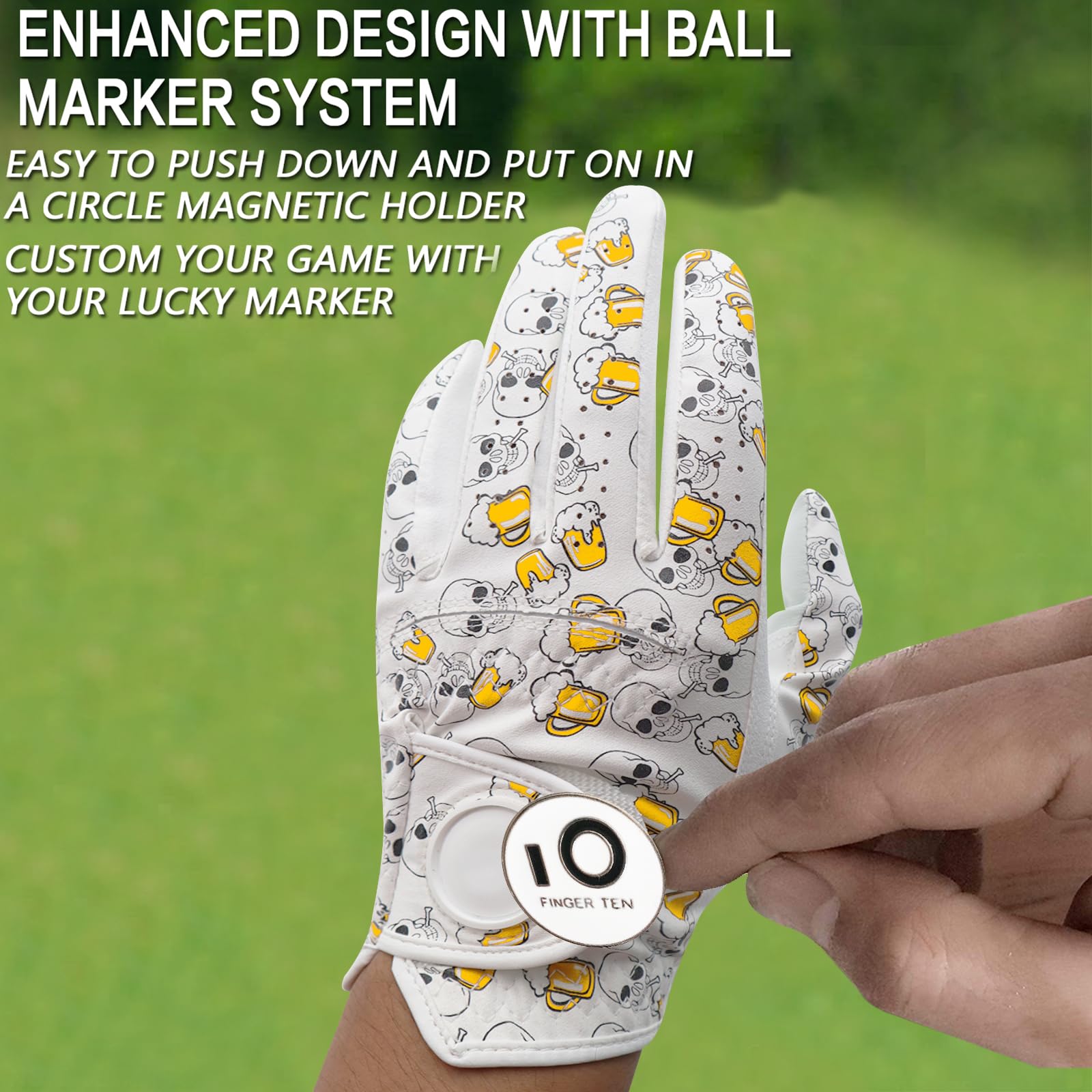 FINGER TEN Golf Gloves Men Left Hand Cabretta Leather with Ball Marker All Weather Soft Relaxgrip Value 2 Pack - Image 3