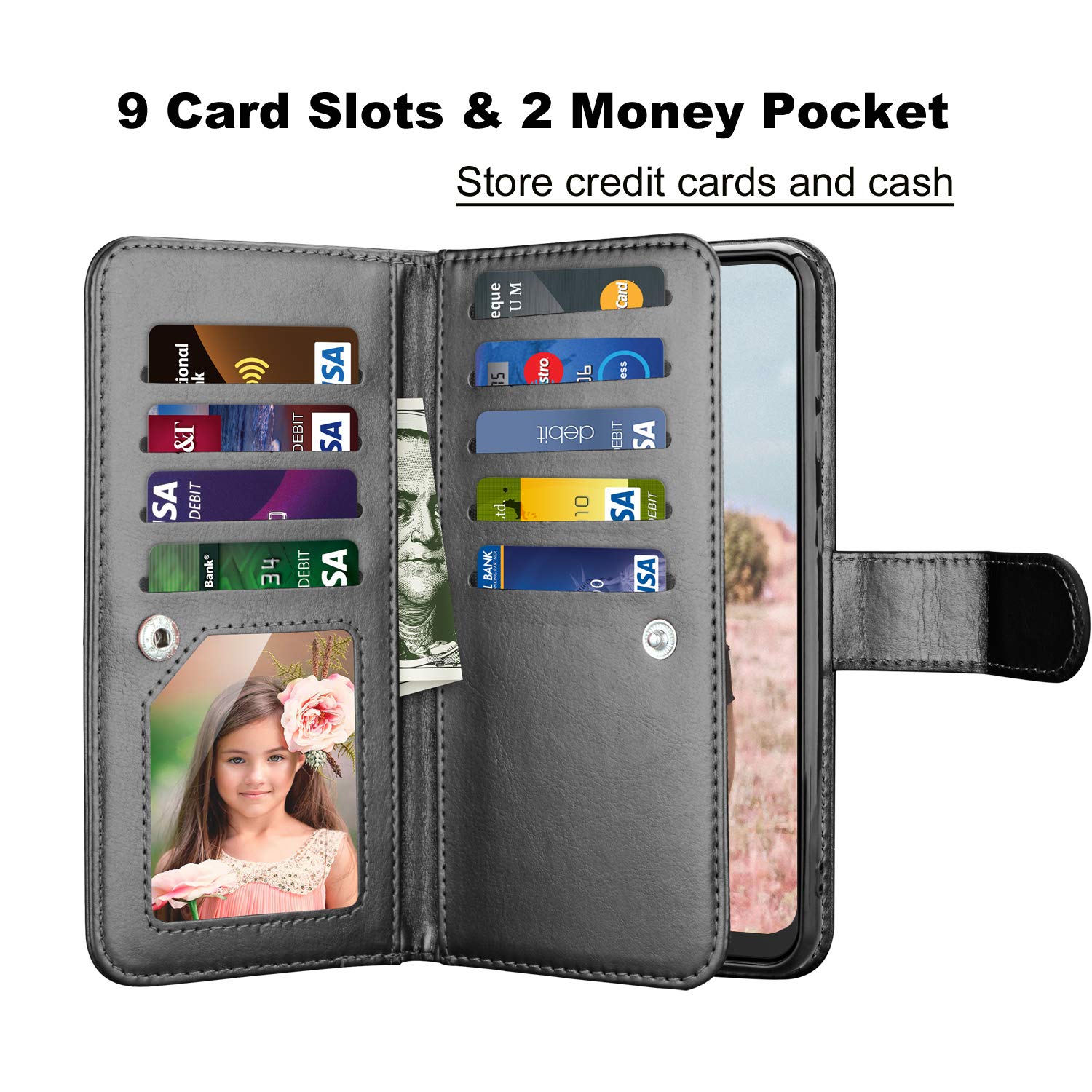 Takfox Wallet Case for Samsung Galaxy A20, Galaxy A20 Case Wallet with ID Credit Card Holder Slots Folio Flip Kickstand Detachable Magnetic Phone Case & Wrist Strap for for Samsung A20 (2019)-Black