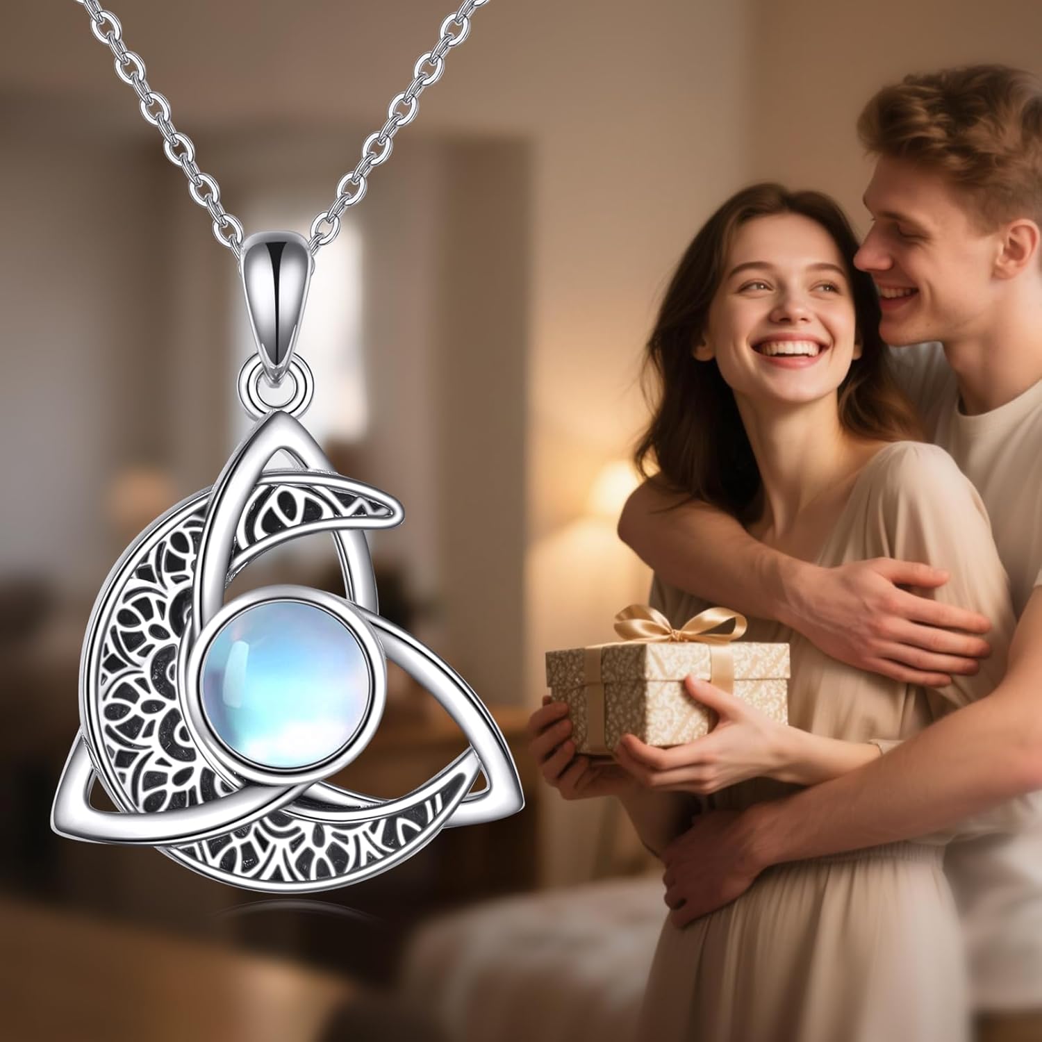 Celtic Moonstone Necklace 925 Sterling Silver Celtic Knot Moon Pendant Boho Jewelry Gift for Women Men - Image 4