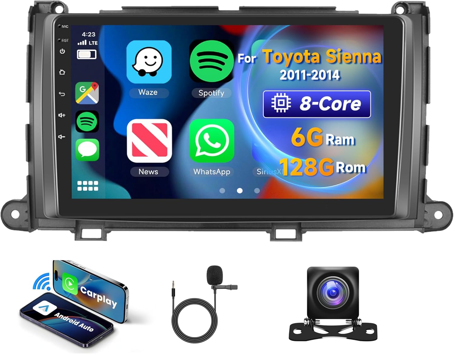 [8 CORE 5G WiFi 6G+128G] for Toyota Sienna 2011-2014 Car Radio with Wireless Carplay/Android Auto,9" Android 15 IPS Touch Screen Car Stereo,Bluetooth,GPS,SWC,DSP+HD Backup Camera