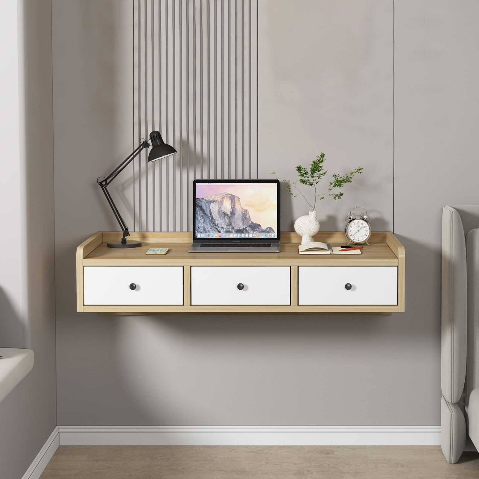 Mesa de maquillaje flotante Vani de madera de 39.5 pulgadas con organizador para dormitorio