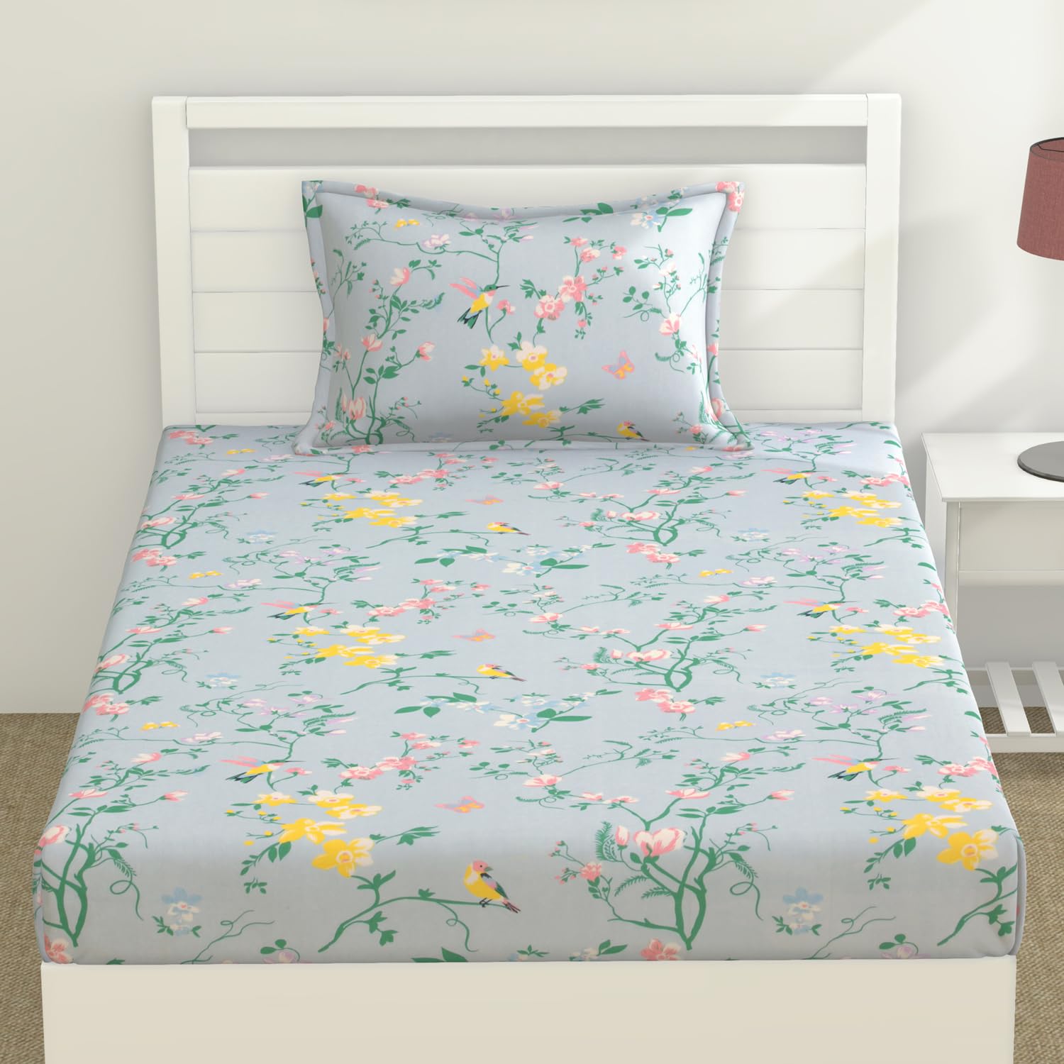 Haus & Kinder 186 TC Bed 100% Cotton Bedsheet with 1 Bedsheet and 1 Pillow Cover for Kids, Fade-Resistant Floral Design - 88 x 57 Inches, Blue-picture-22