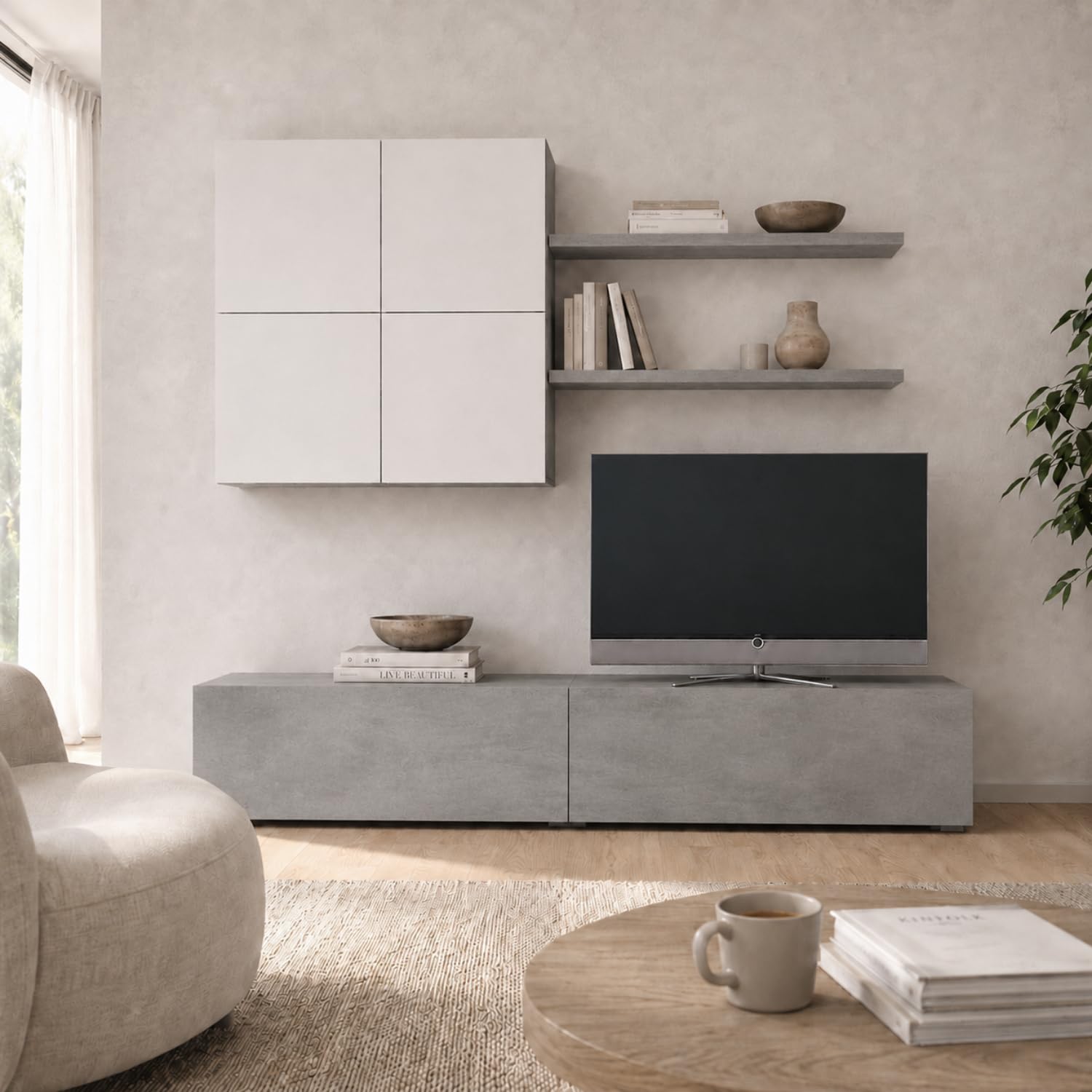 Arreditaly Parete Attrezzata Mobile Soggiorno Moderno Con Base TV 2 Ante Pensile 4 Ante e 2 Mensole Design Contemporaneo in Melaminico Facile da Pulire 200 x 194 x 40 cm Bianco e Grigio Cemento