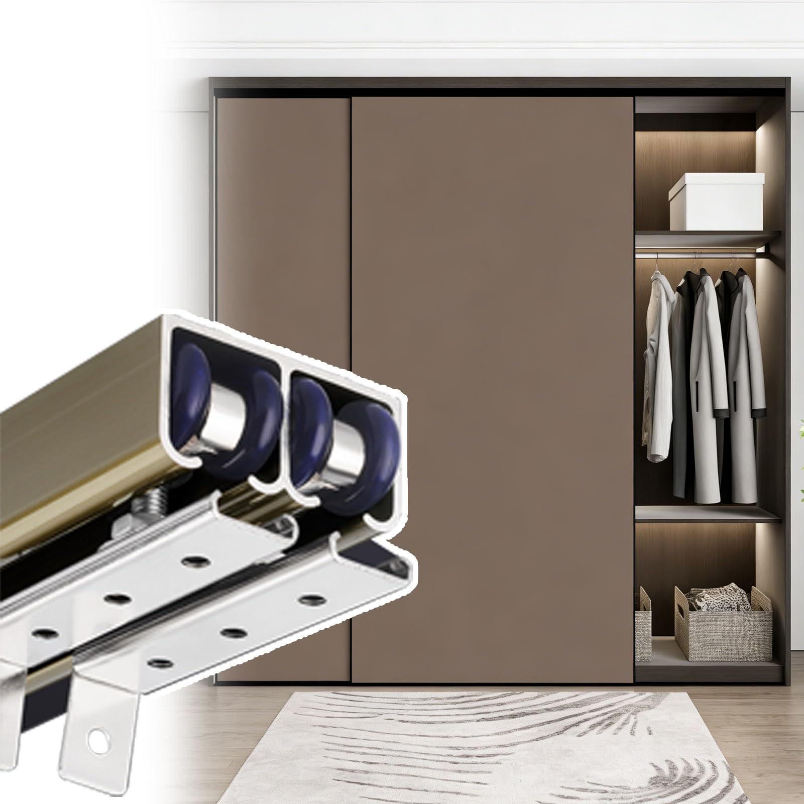 Kit de herrajes para puerta de armario corrediza para puertas de derivación, sistema de riel colgante superior de doble pista, longitud ajustable para instalación personalizada