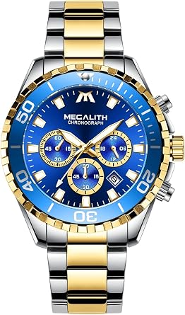 MEGALITH Orologio Uomo Acciaio Cronografo Quadrante Grande Elegante Orologi  da Polso Uomo Oro Analogico Impermeabile Luminoso Calendario Ottimo Regalo  per Uomo : Amazon.it: Orologi